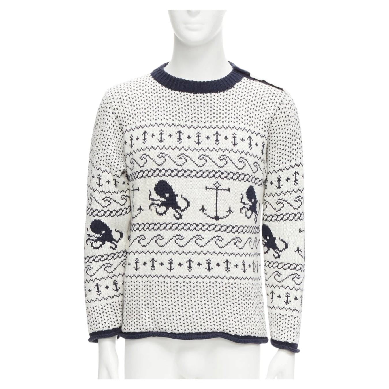 Pre-owned Thom Browne Off White Navy Nautical Octopus Intarsia Ringer Sweater Sz.3 L