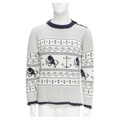 THOM BROWNE off white navy nautical octopus intarsia  ringer sweater SZ.3 L