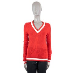 THOM BROWNE red cashmere ANCHOR KNIT V-Neck Sweater 1 XS