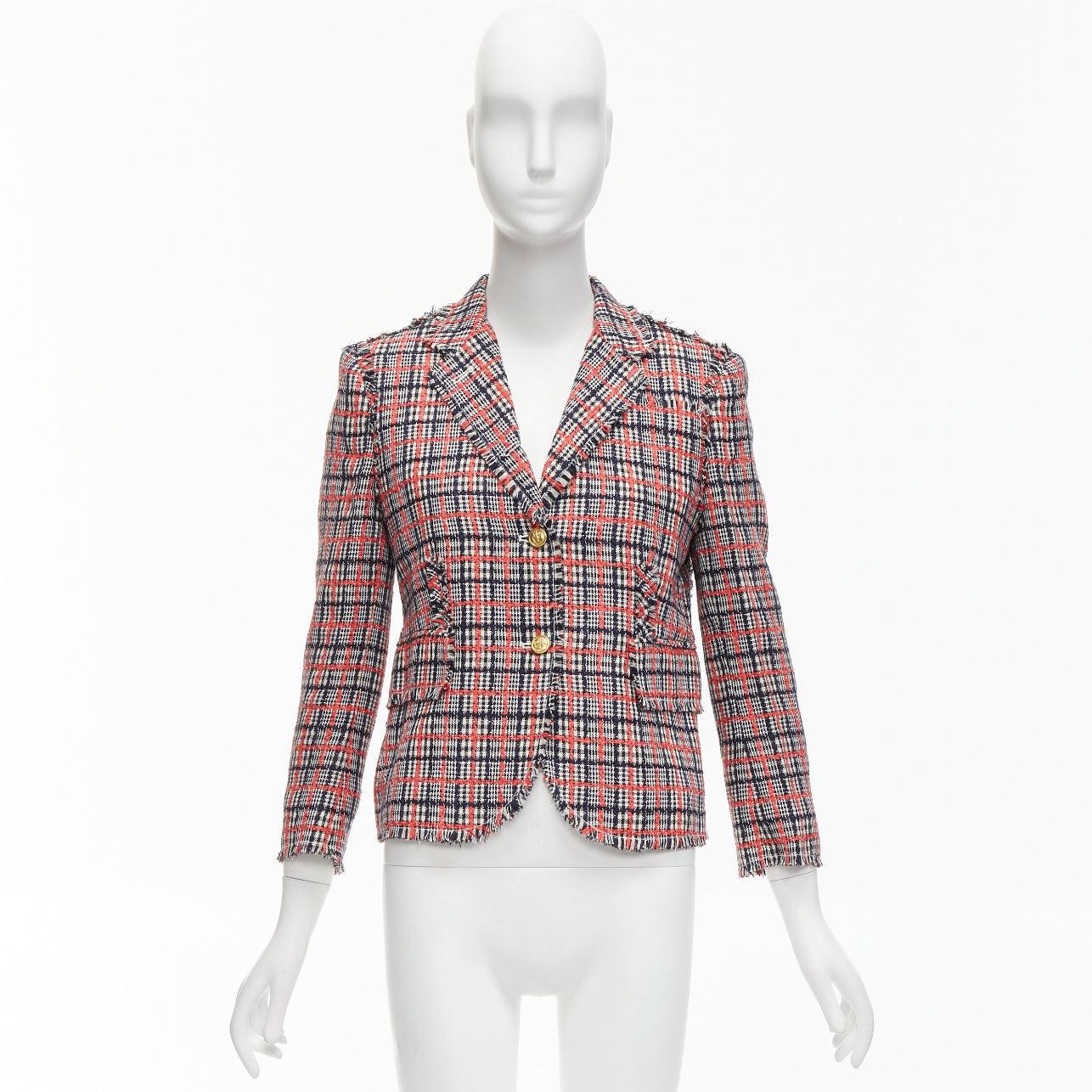 THOM BROWNE red checked wool cotton tweed button silk lined blazer jacket JP3 L For Sale 8