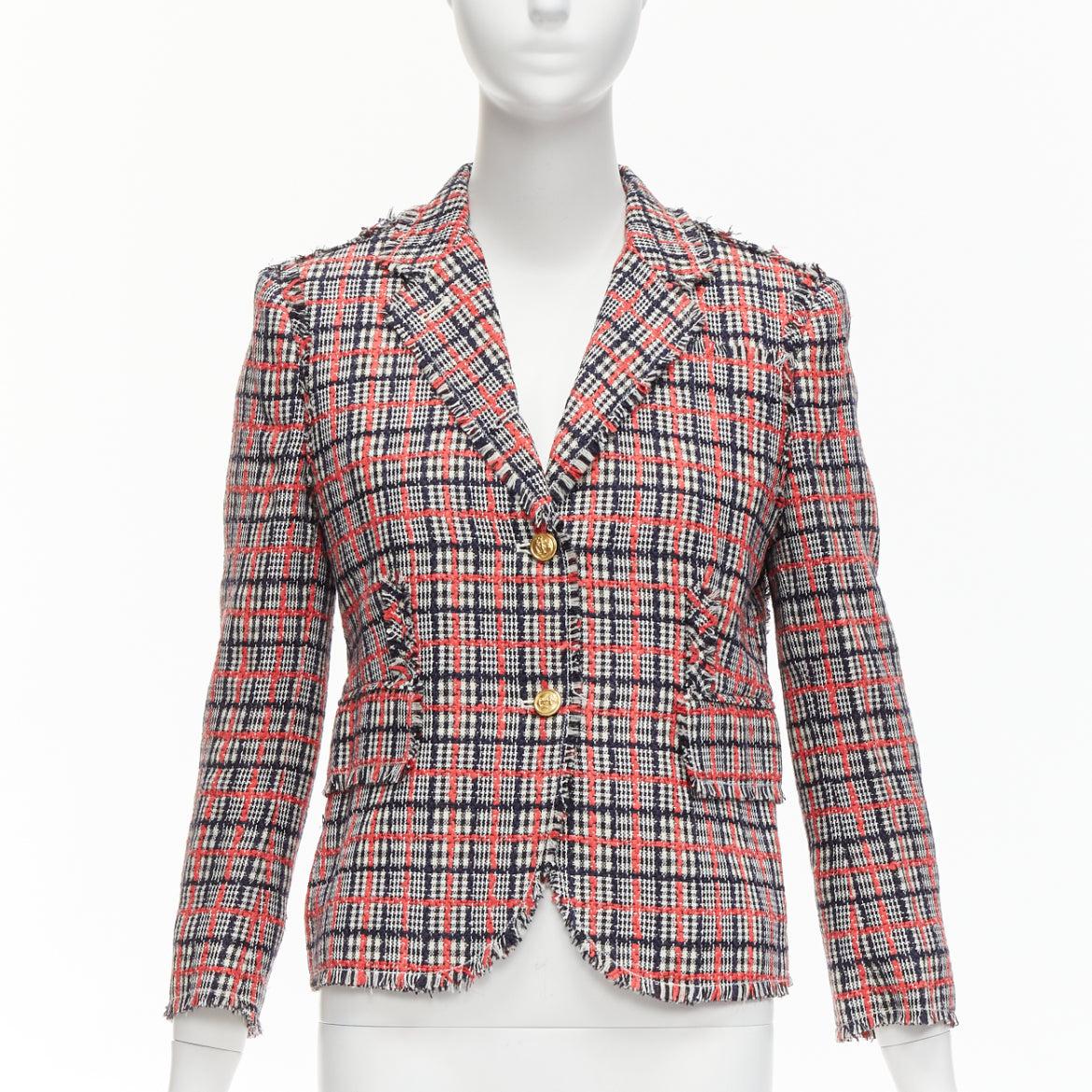 THOM BROWNE red checked wool cotton tweed button silk lined blazer jacket JP3 L In Good Condition For Sale In Hong Kong, NT