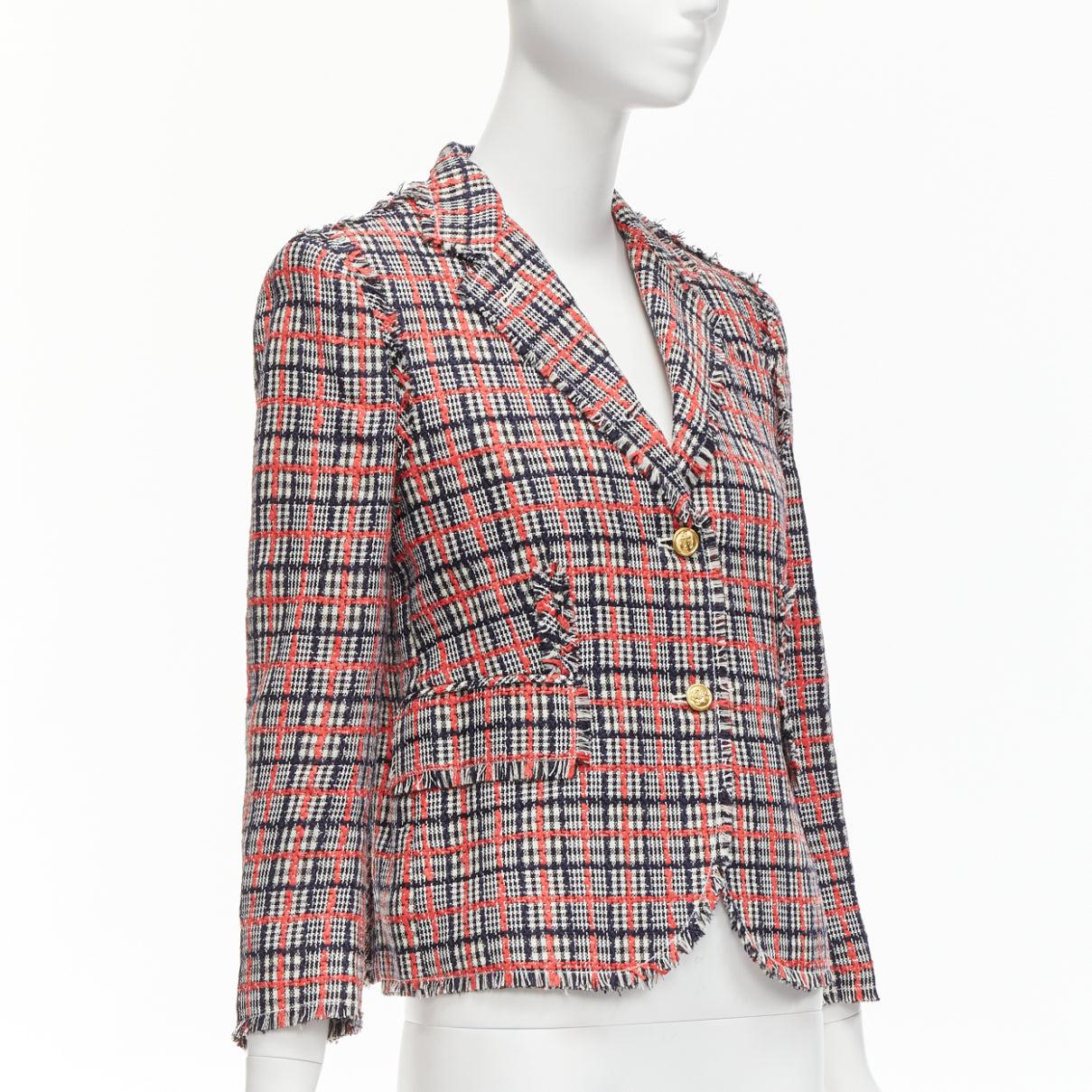 Women's THOM BROWNE red checked wool cotton tweed button silk lined blazer jacket JP3 L For Sale