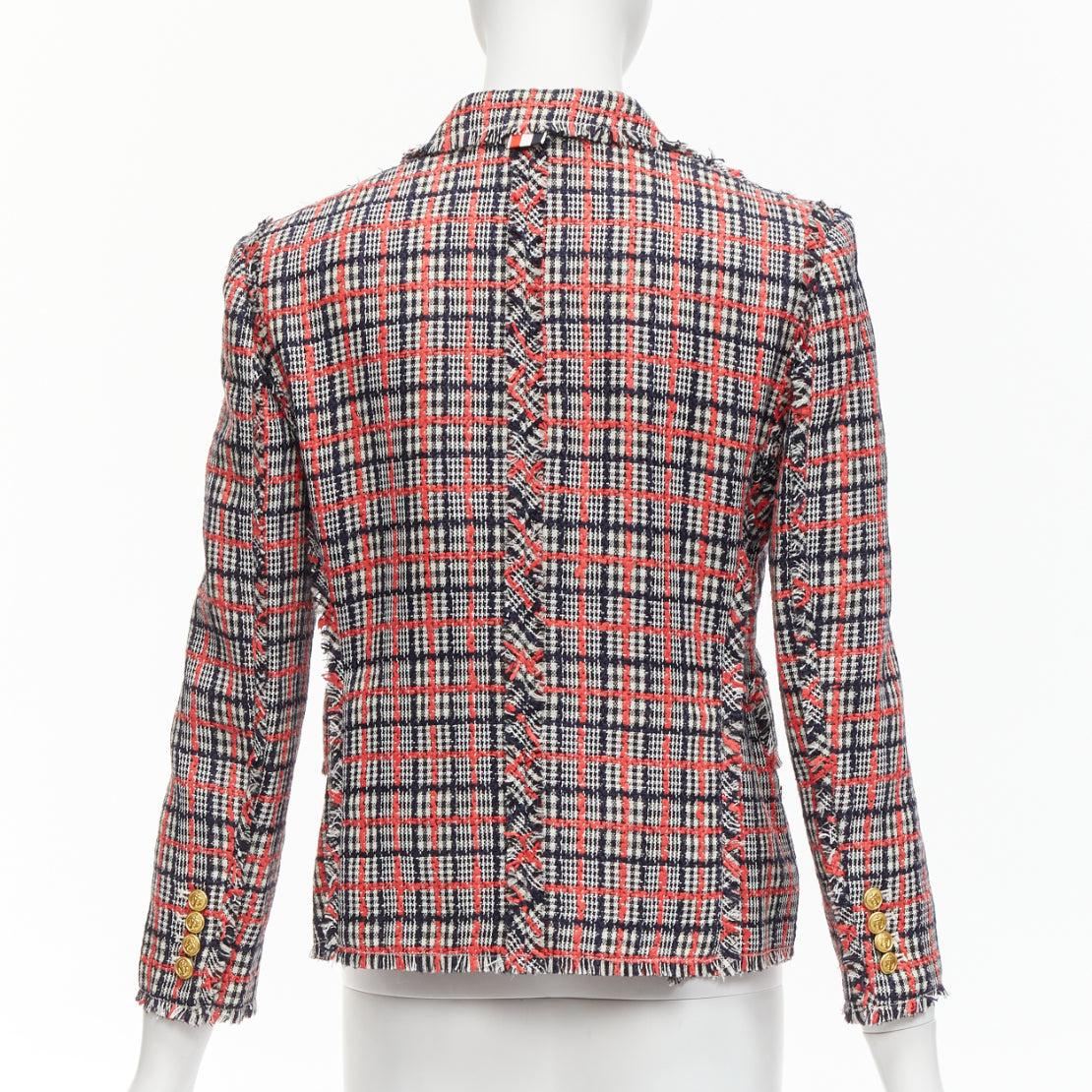 THOM BROWNE red checked wool cotton tweed button silk lined blazer jacket JP3 L For Sale 1
