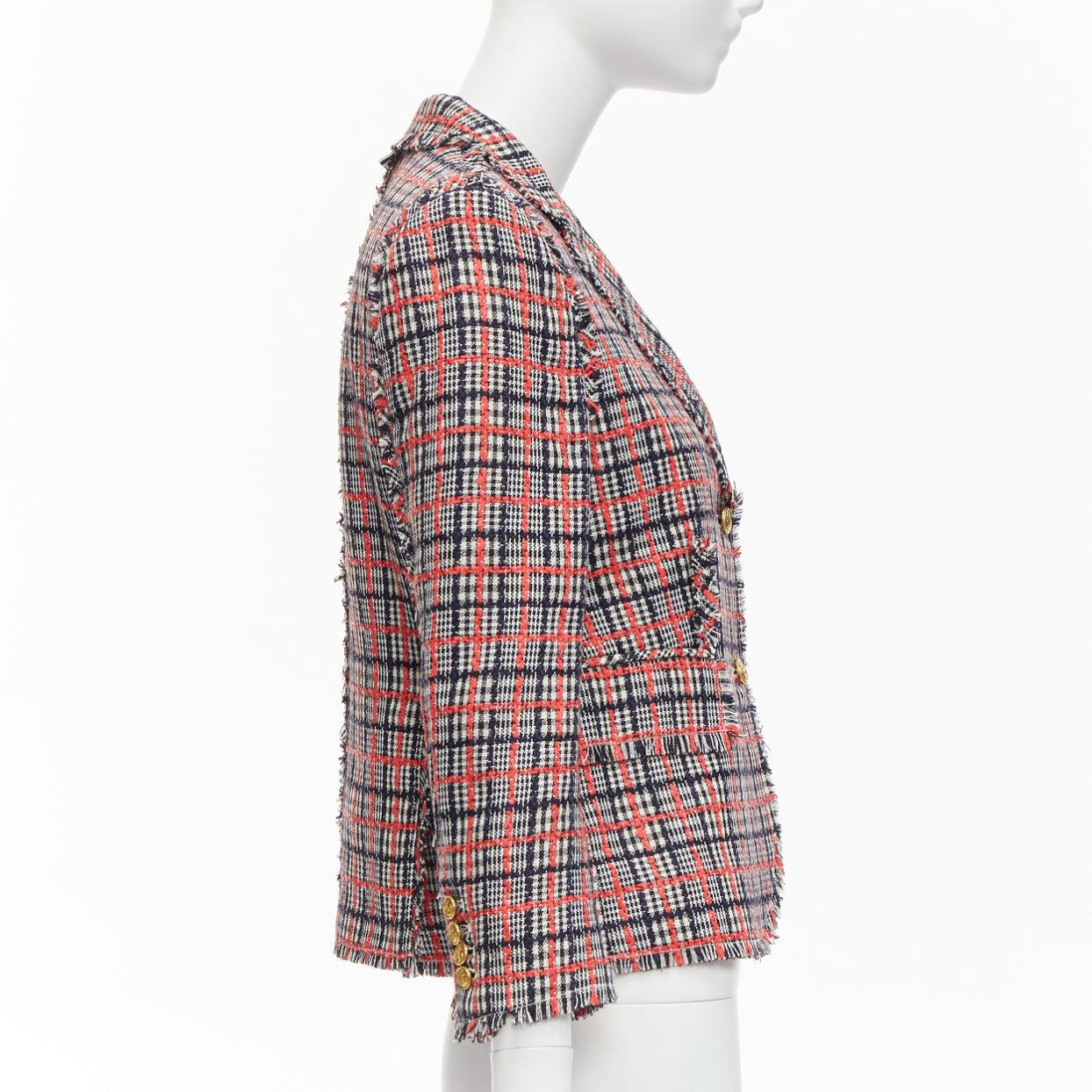 THOM BROWNE red checked wool cotton tweed button silk lined blazer jacket JP3 L For Sale 2
