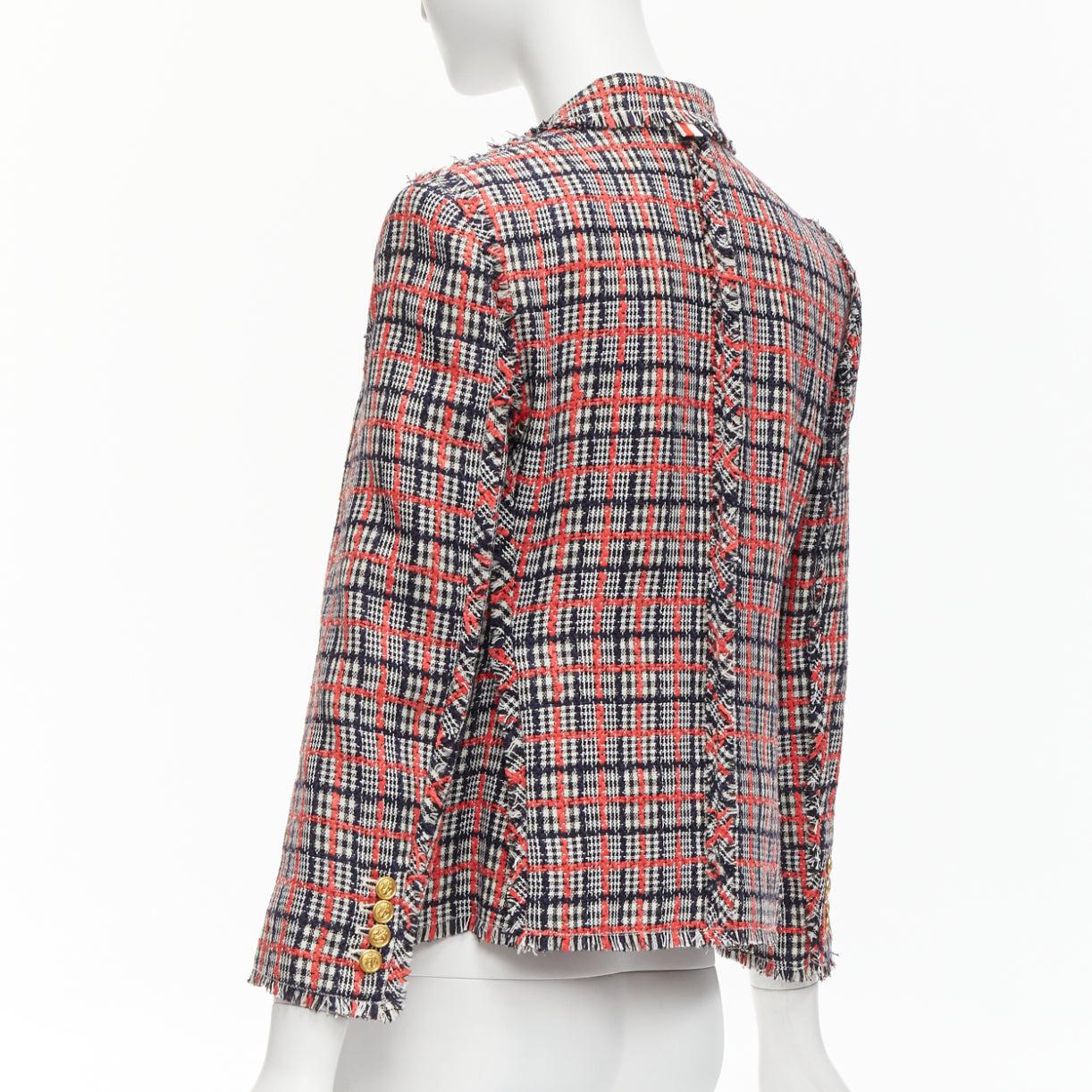 THOM BROWNE red checked wool cotton tweed button silk lined blazer jacket JP3 L For Sale 3