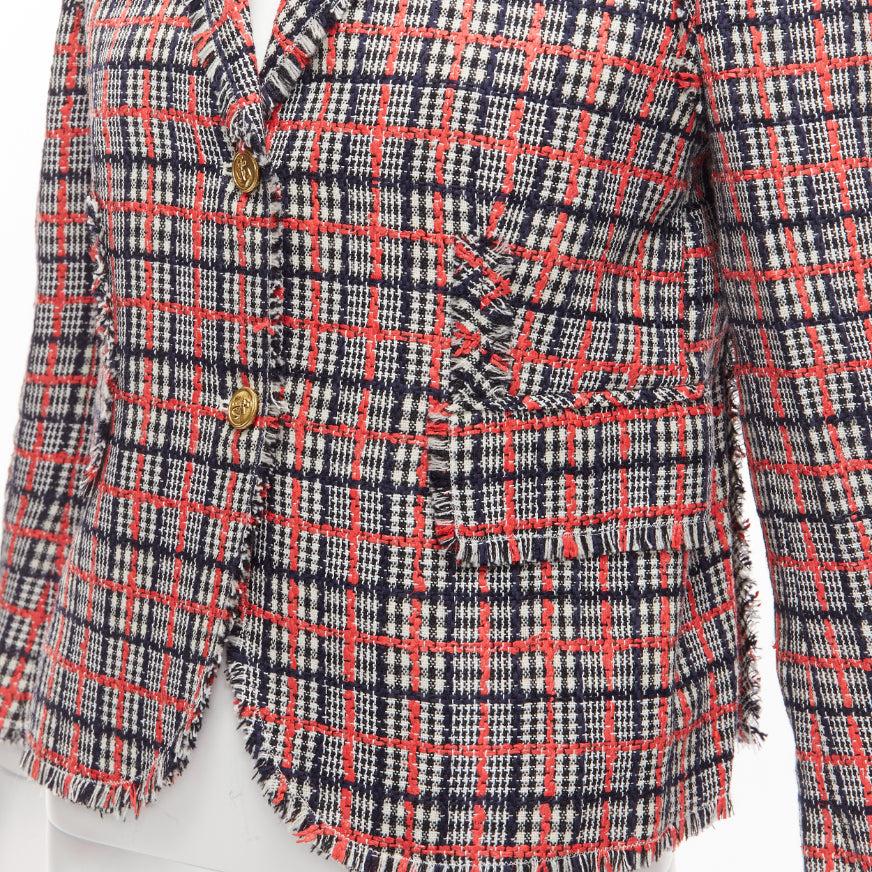 THOM BROWNE red checked wool cotton tweed button silk lined blazer jacket JP3 L For Sale 4