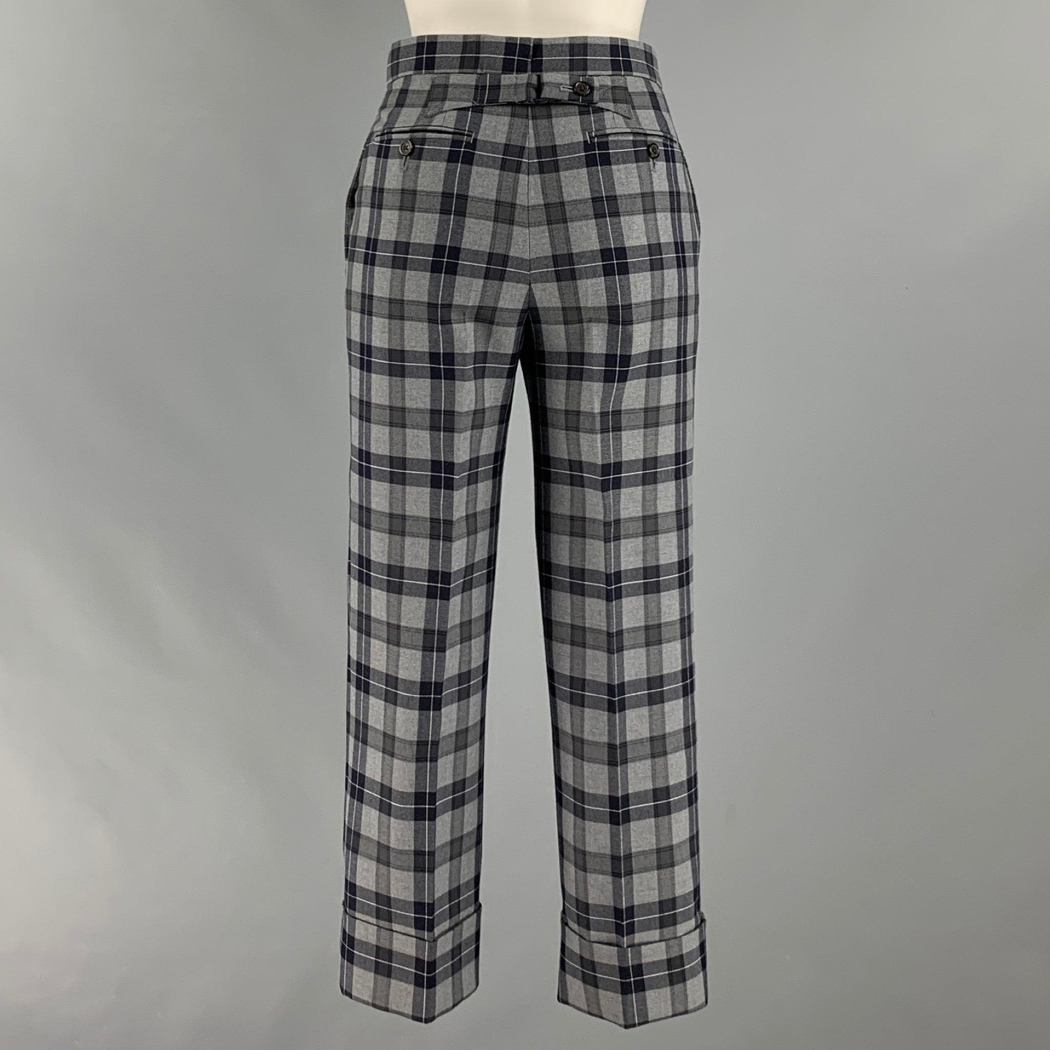 THOM BROWNE Size 0 Grey Black Wool  Polyester Plaid High Waisted Dress Pants In Excellent Condition For Sale In San Francisco, CA