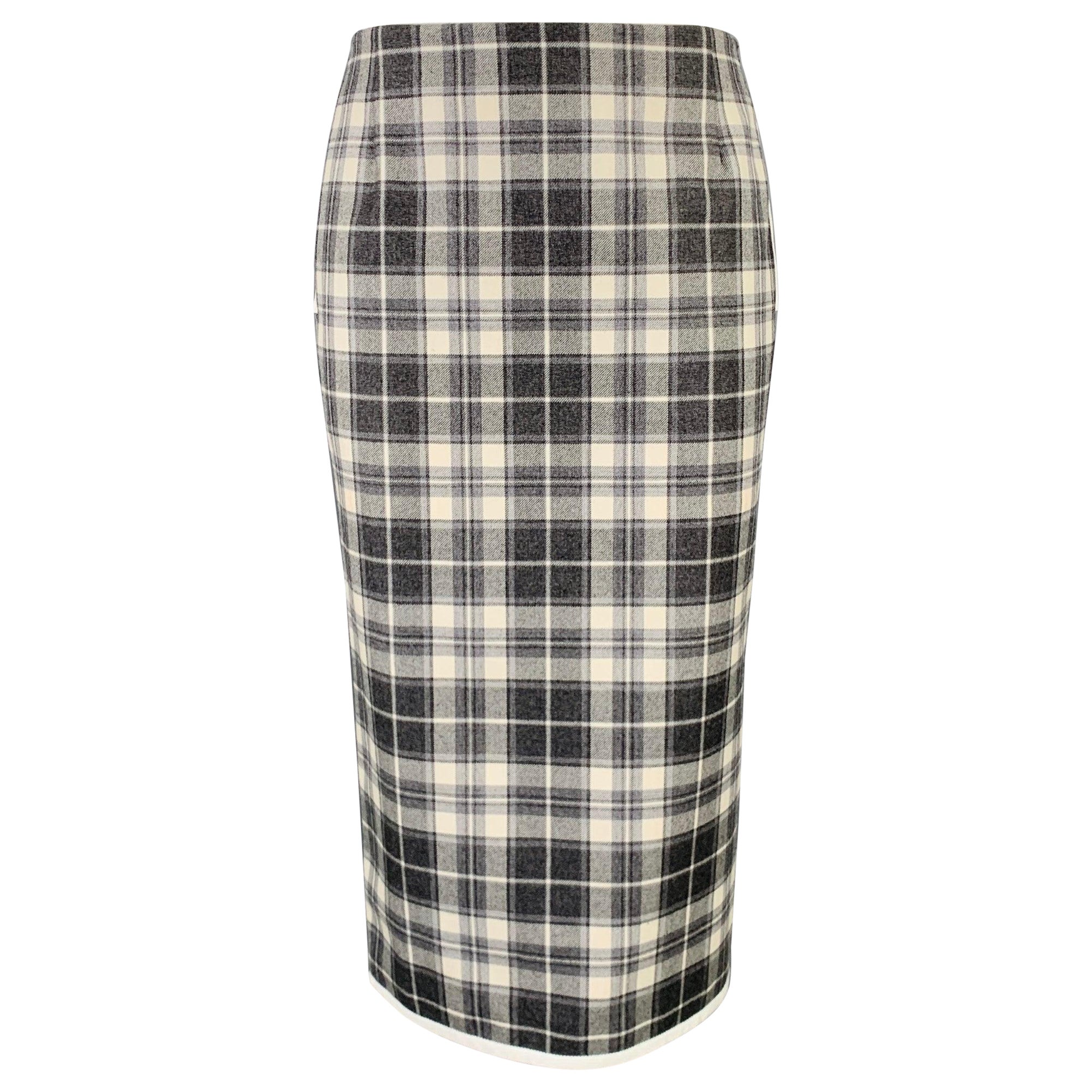 THOM BROWNE Talla 0 Gris Crema Lana Plaid Falda lápiz a media pierna
