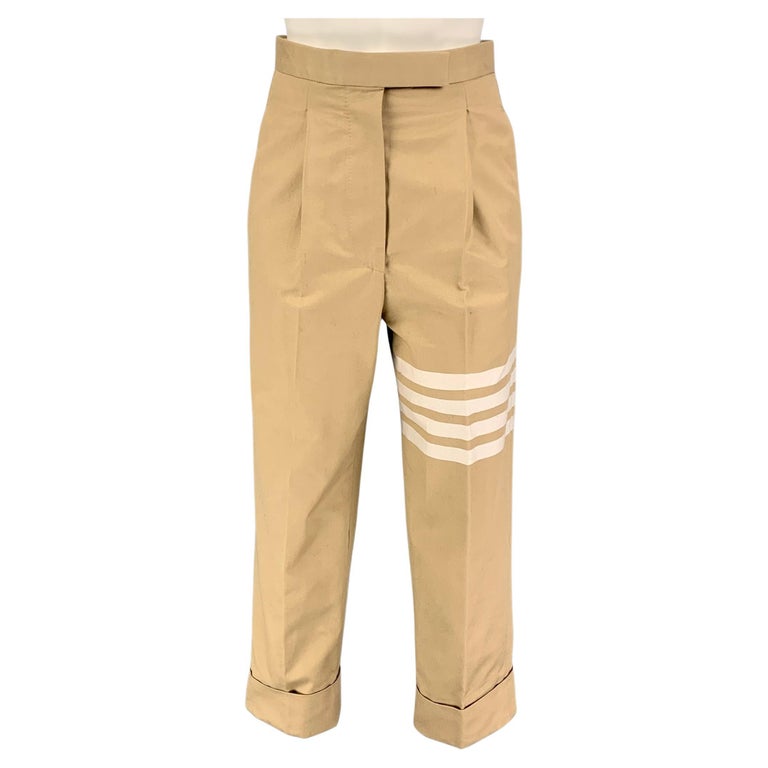 THOM BROWNE Size 0 Khaki Cotton Stripe Pleated Casual Pants For Sale at
