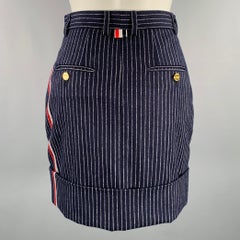 THOM BROWNE Size 0 Navy White Wool Cashmere Pinstripe Cuffed Mini Skirt