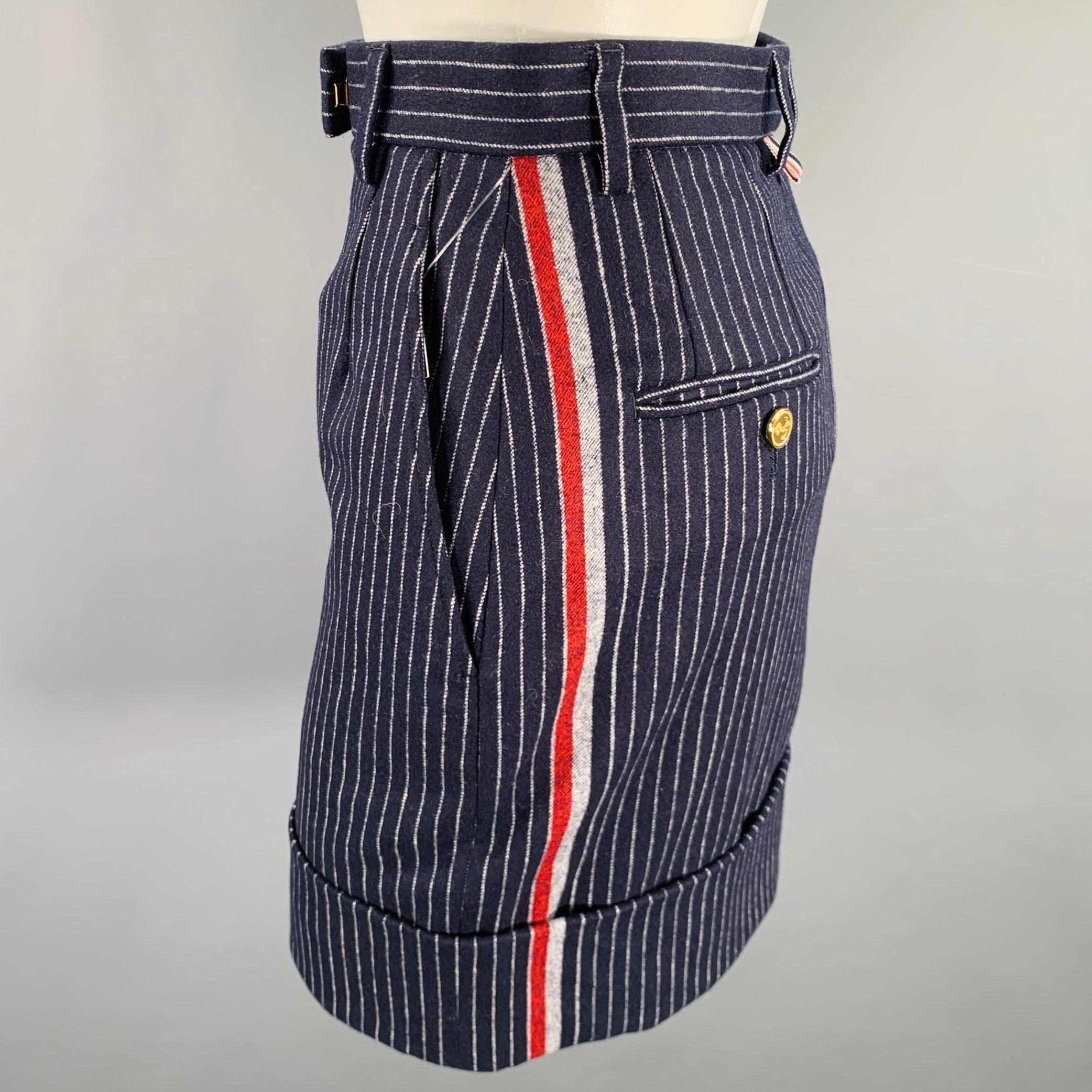 THOM BROWNE Size 0 Navy White Wool Cashmere Pinstripe Cuffed Mini Skirt In Excellent Condition For Sale In San Francisco, CA