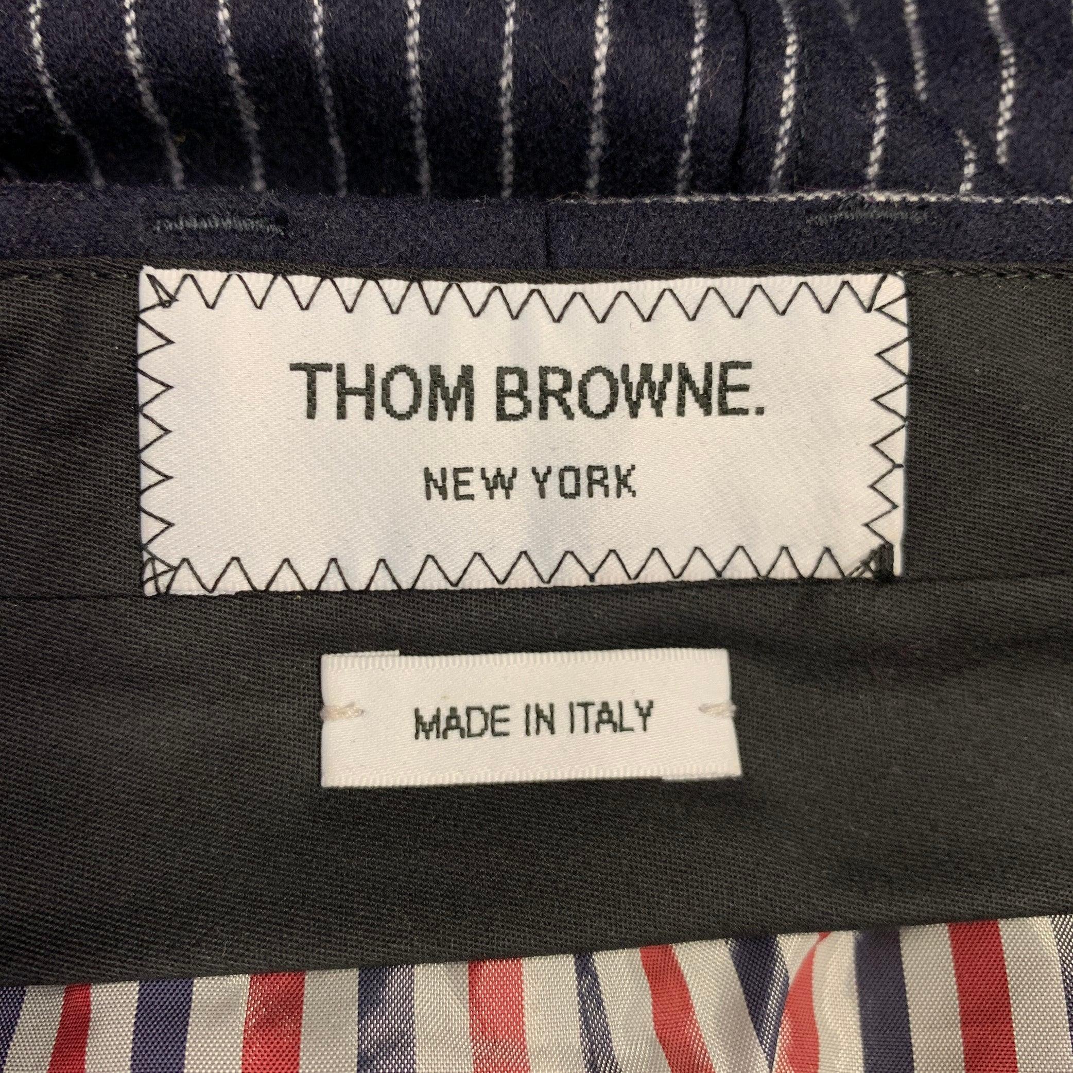 Women's THOM BROWNE Size 0 Navy White Wool Cashmere Pinstripe Cuffed Mini Skirt For Sale