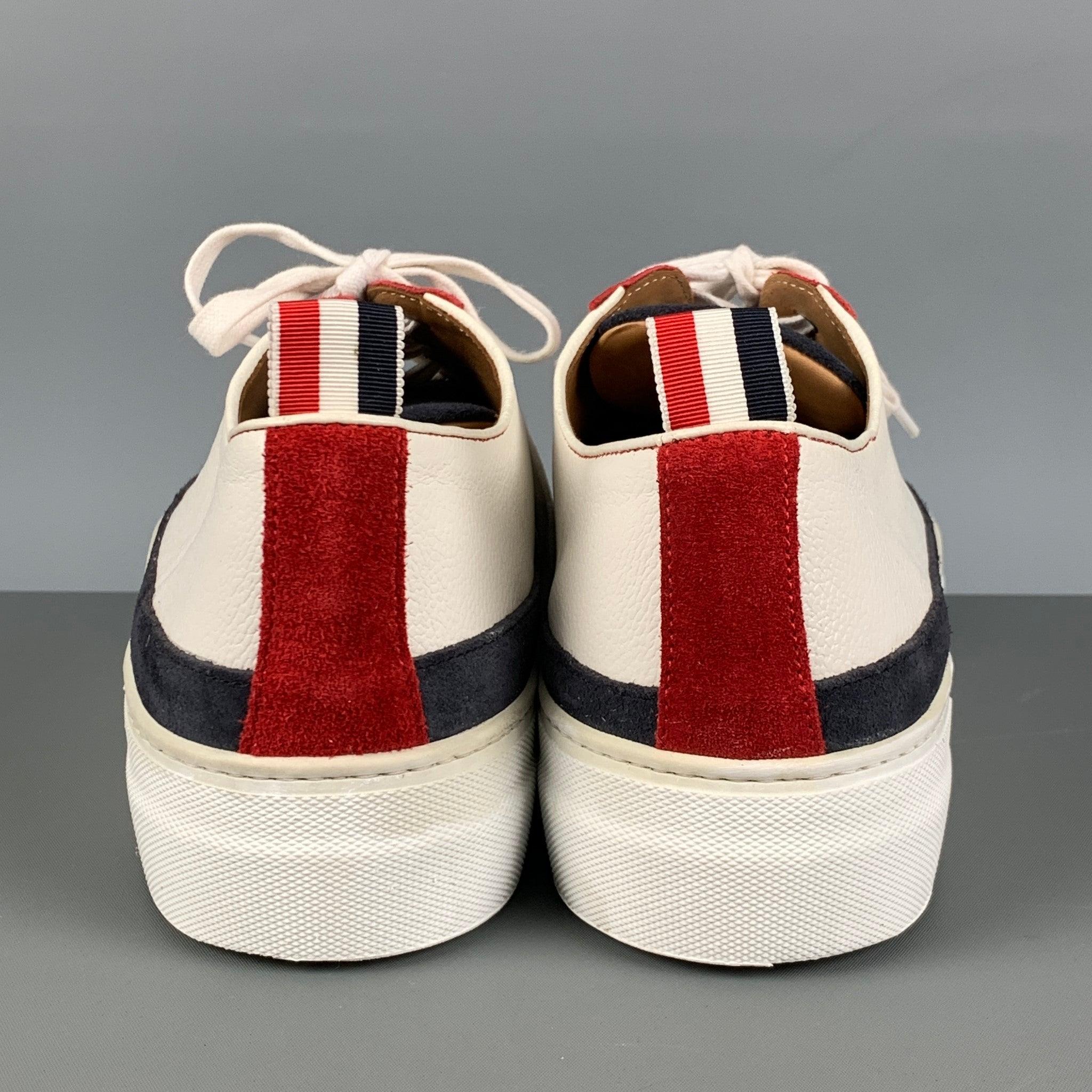 THOM BROWNE Size 10 White Red & Blue Color Block Leather Platform Sneakers In Good Condition For Sale In San Francisco, CA