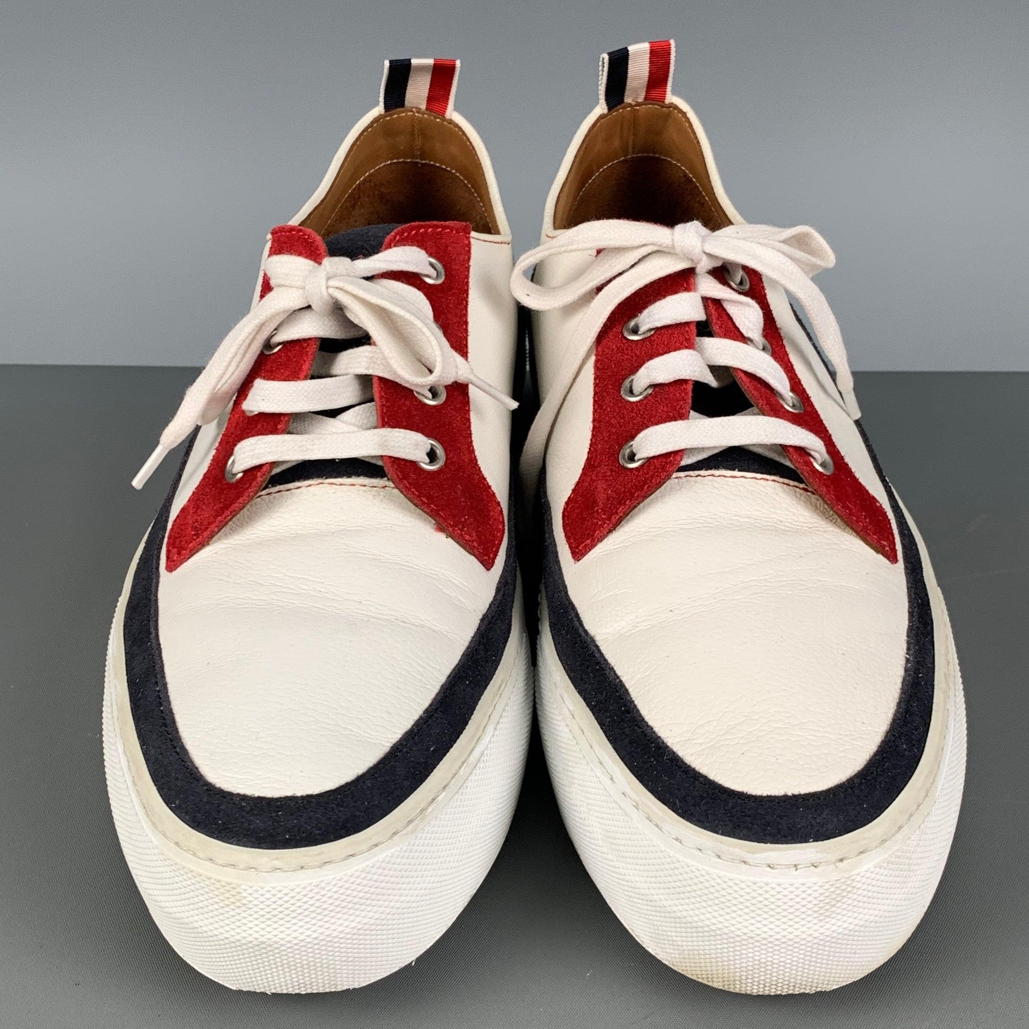 Men's THOM BROWNE Size 10 White Red & Blue Color Block Leather Platform Sneakers For Sale