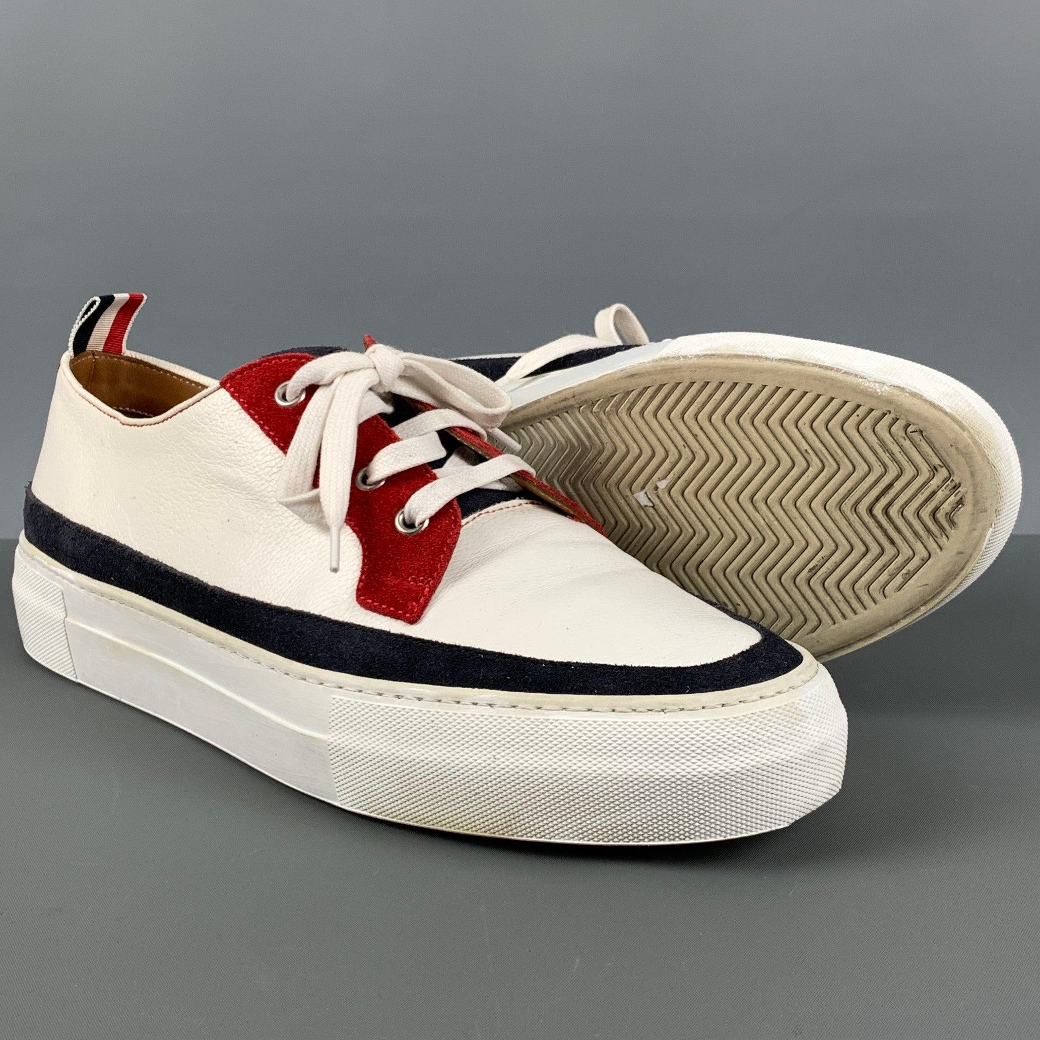 THOM BROWNE Size 10 White Red & Blue Color Block Leather Platform Sneakers For Sale 1