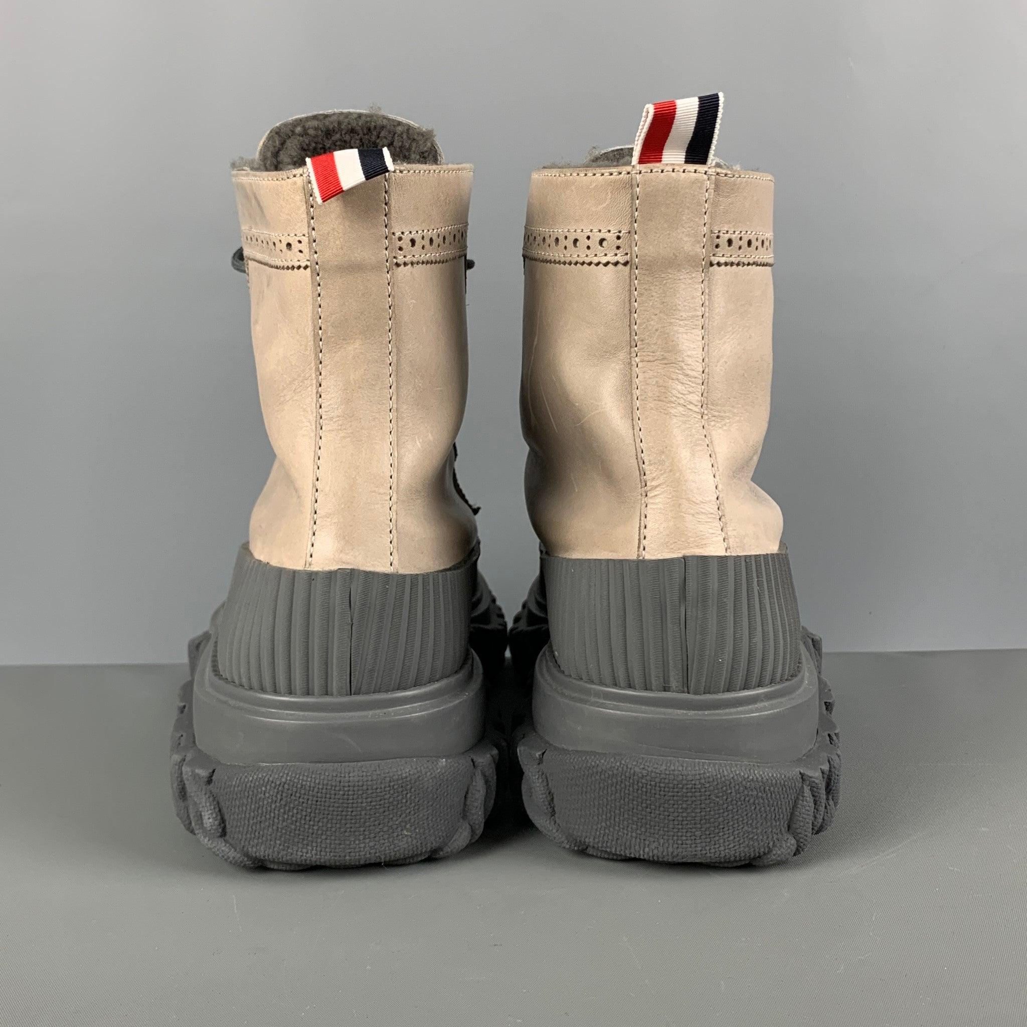 THOM BROWNE Size 11 Gray Taupe Leather Winter Boots In Excellent Condition For Sale In San Francisco, CA