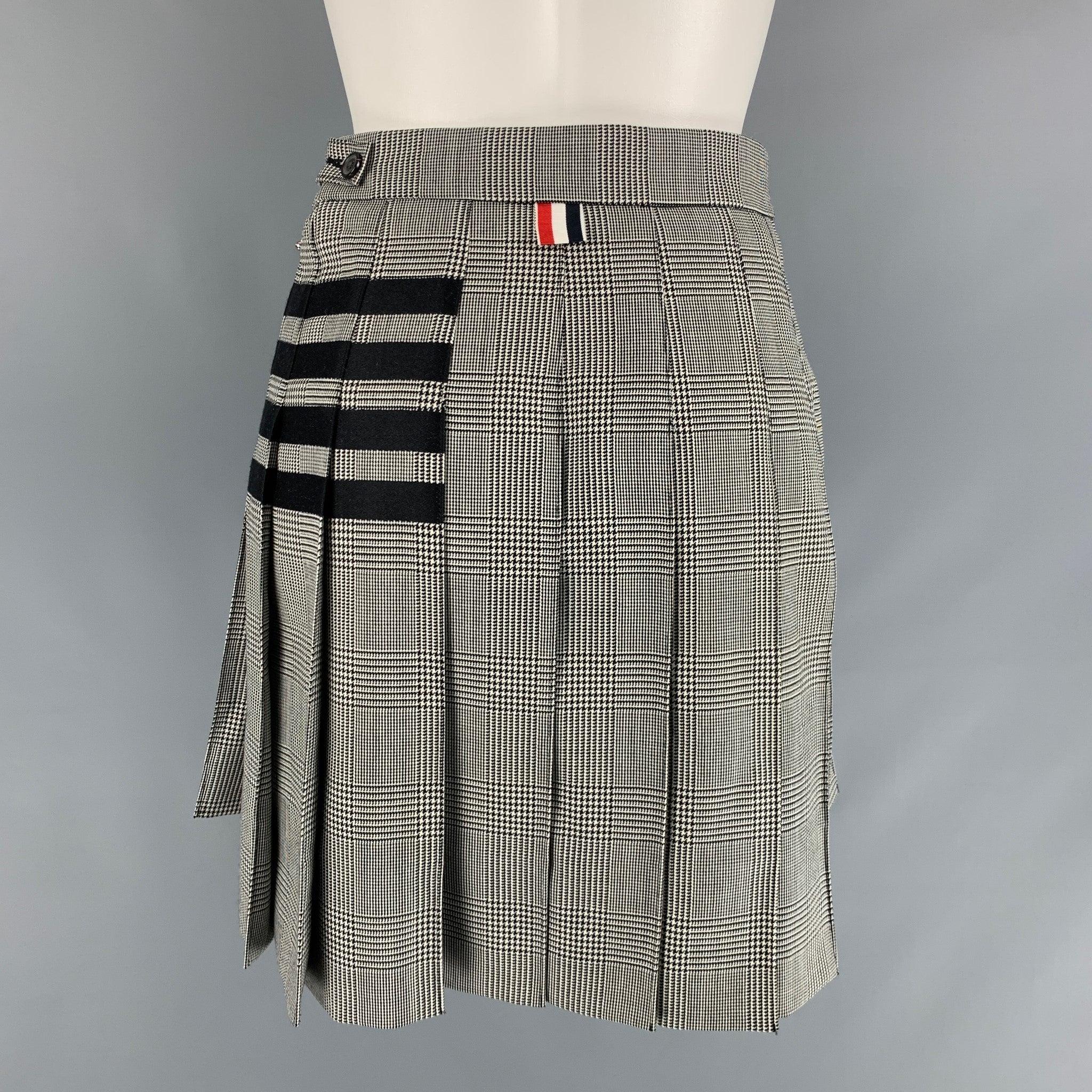 Gray THOM BROWNE Size 2 Black White Wool Glen plaid Pleated Above Knee Skirt