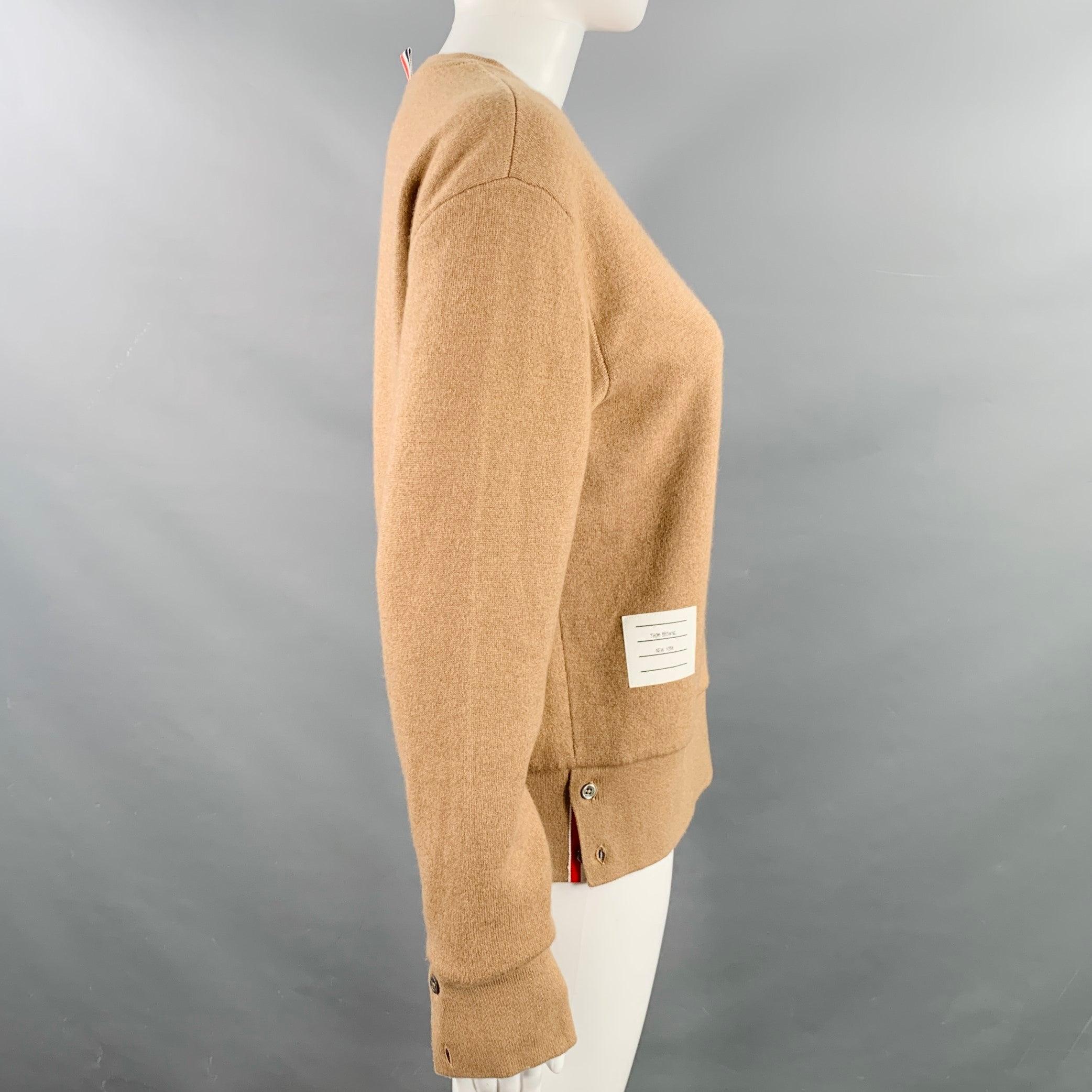 THOM BROWNE Size 2 Brown Cream Cashmere Blend Stripe Crew Neck Sweater In Excellent Condition For Sale In San Francisco, CA