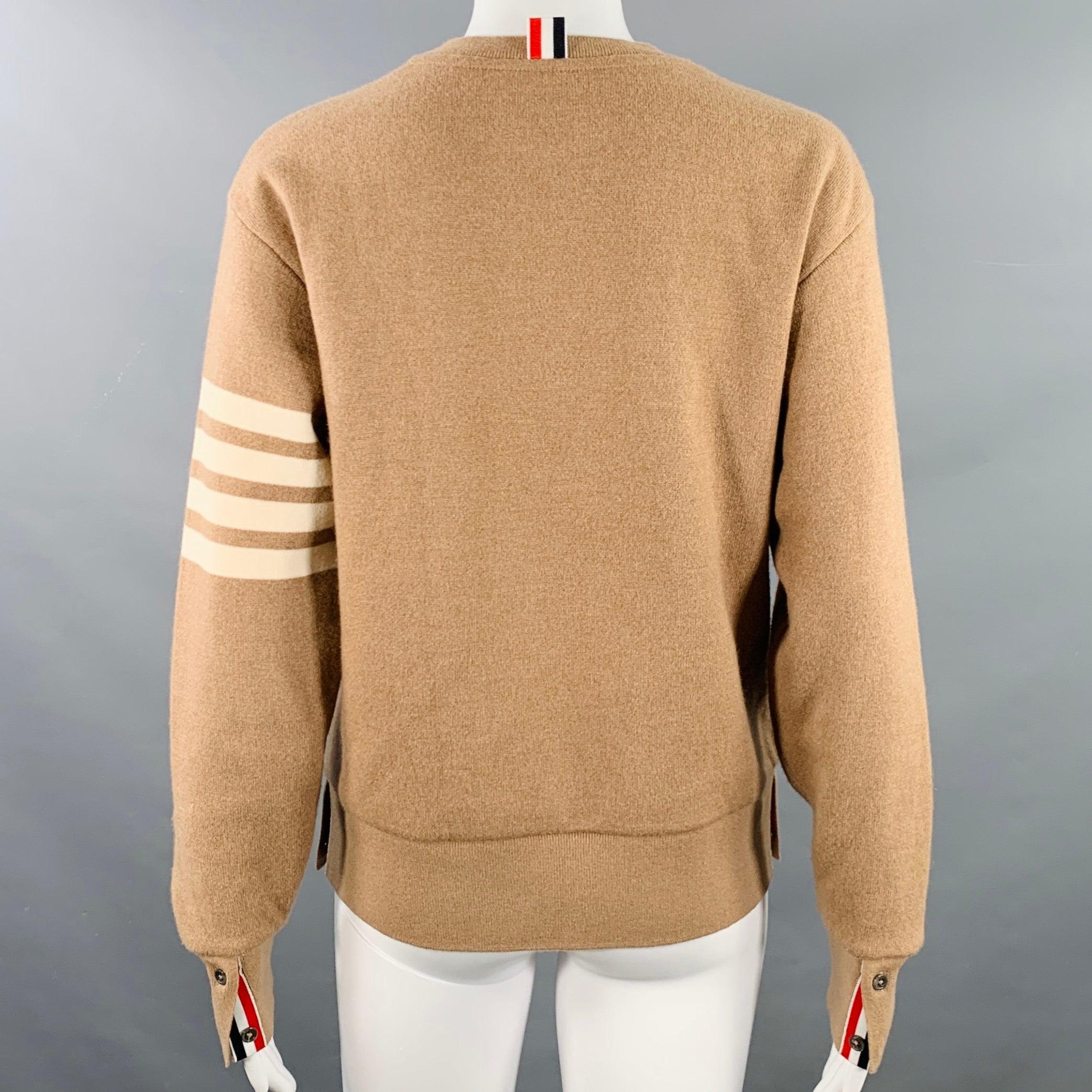 Women's THOM BROWNE Size 2 Brown Cream Cashmere Blend Stripe Crew Neck Sweater For Sale