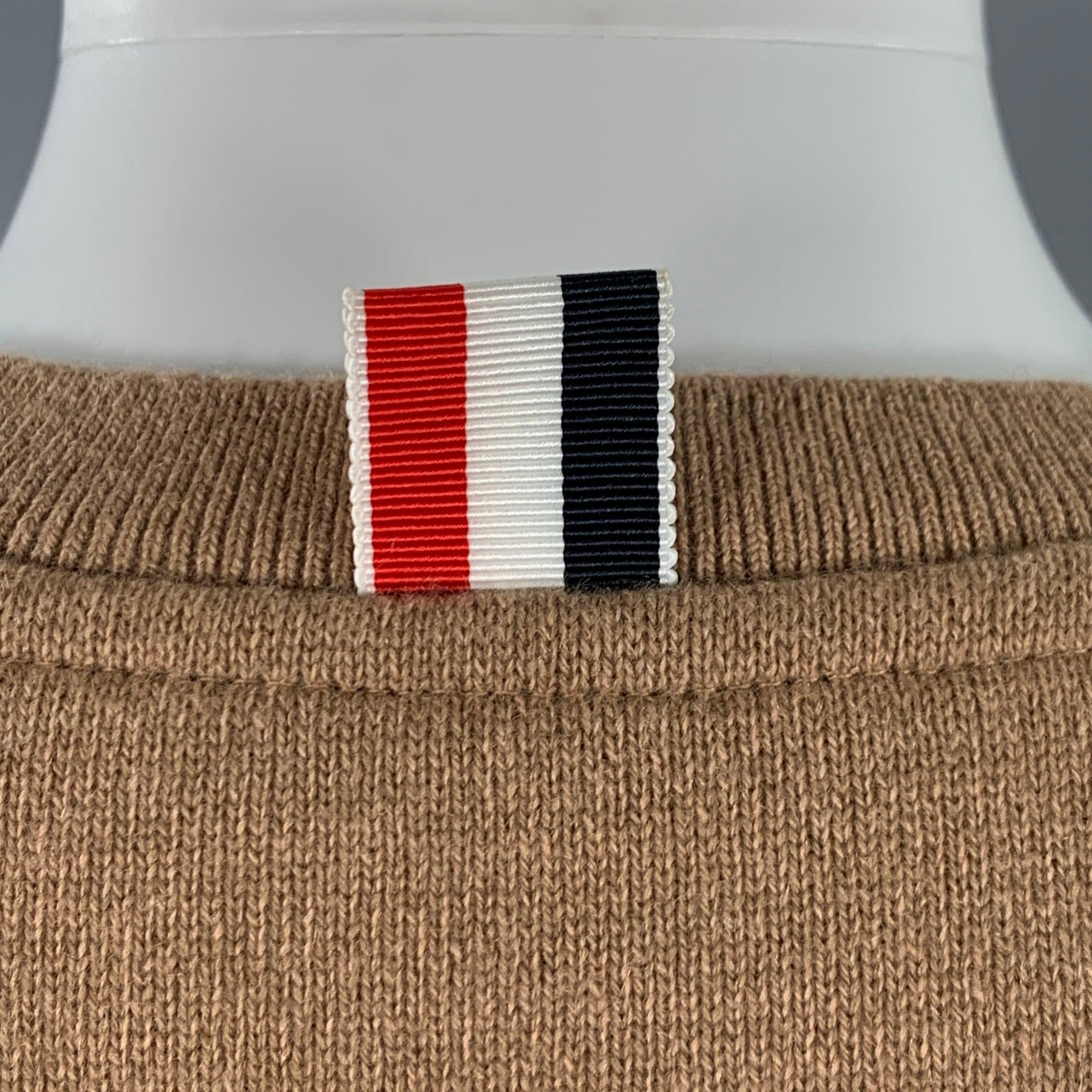 THOM BROWNE Size 2 Brown Cream Cashmere Blend Stripe Crew Neck Sweater For Sale 1