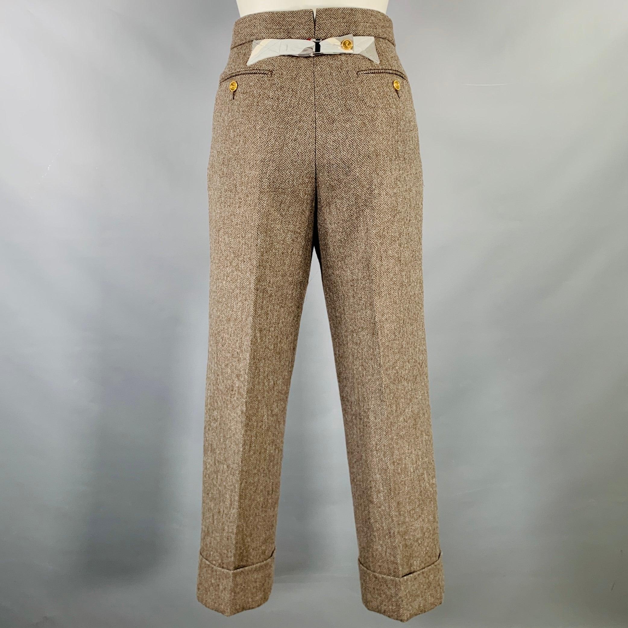 THOM BROWNE Size 2 Brown Olive Wool Herringbone Flat Front Dress Pants In Excellent Condition For Sale In San Francisco, CA