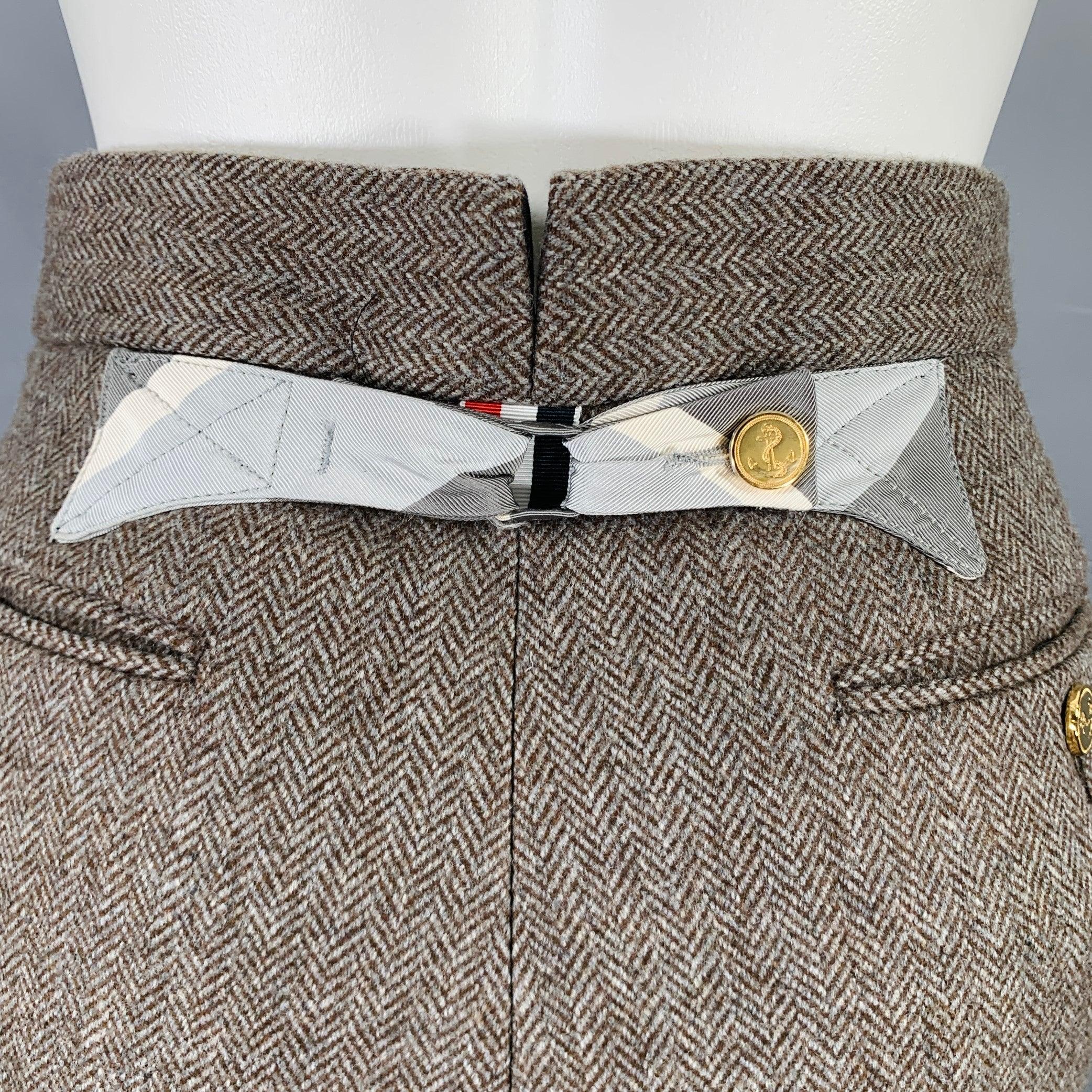 Women's THOM BROWNE Size 2 Brown Olive Wool Herringbone Flat Front Dress Pants For Sale
