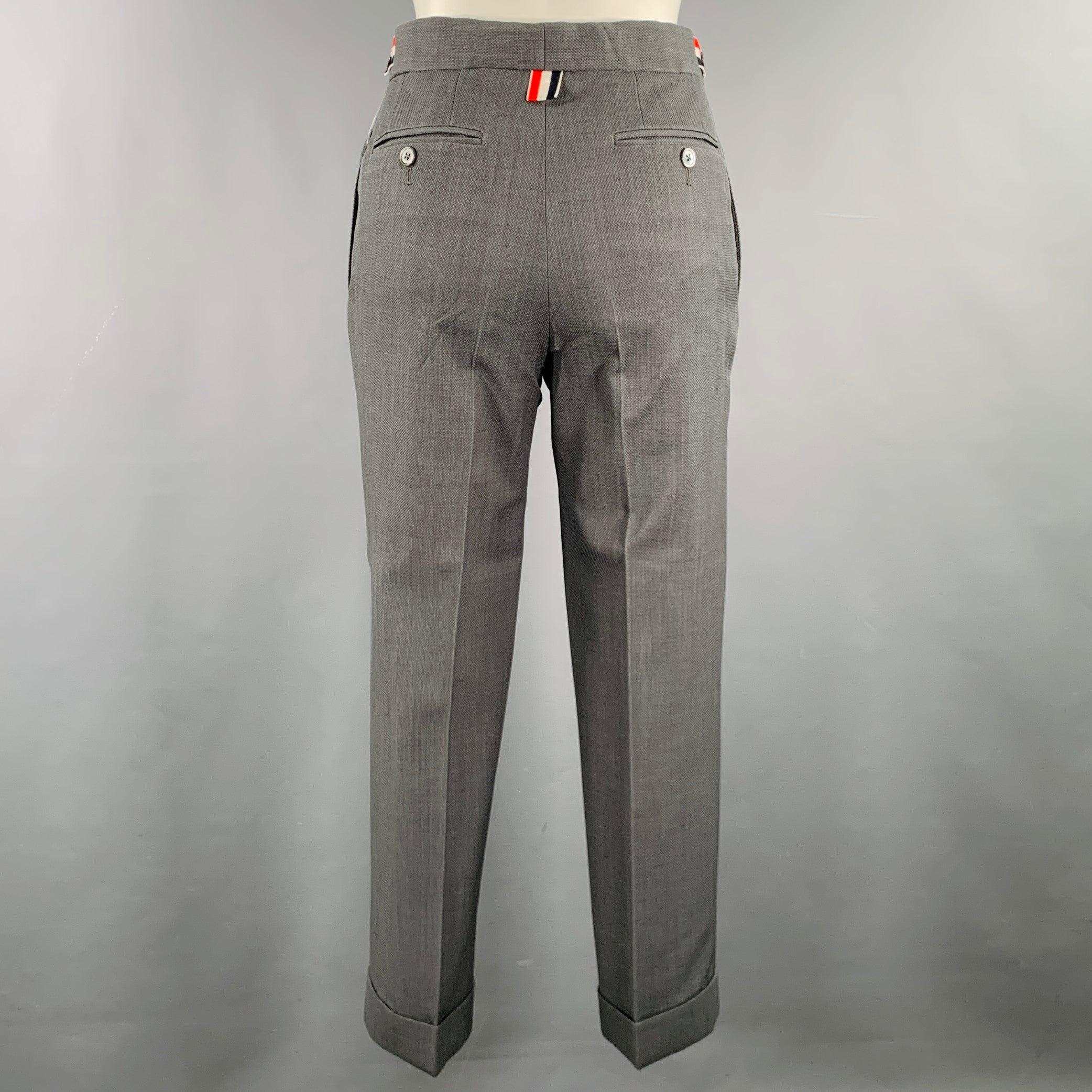Gray THOM BROWNE Size 2 Grey Wool Textured Flat Front Dress Pants For Sale