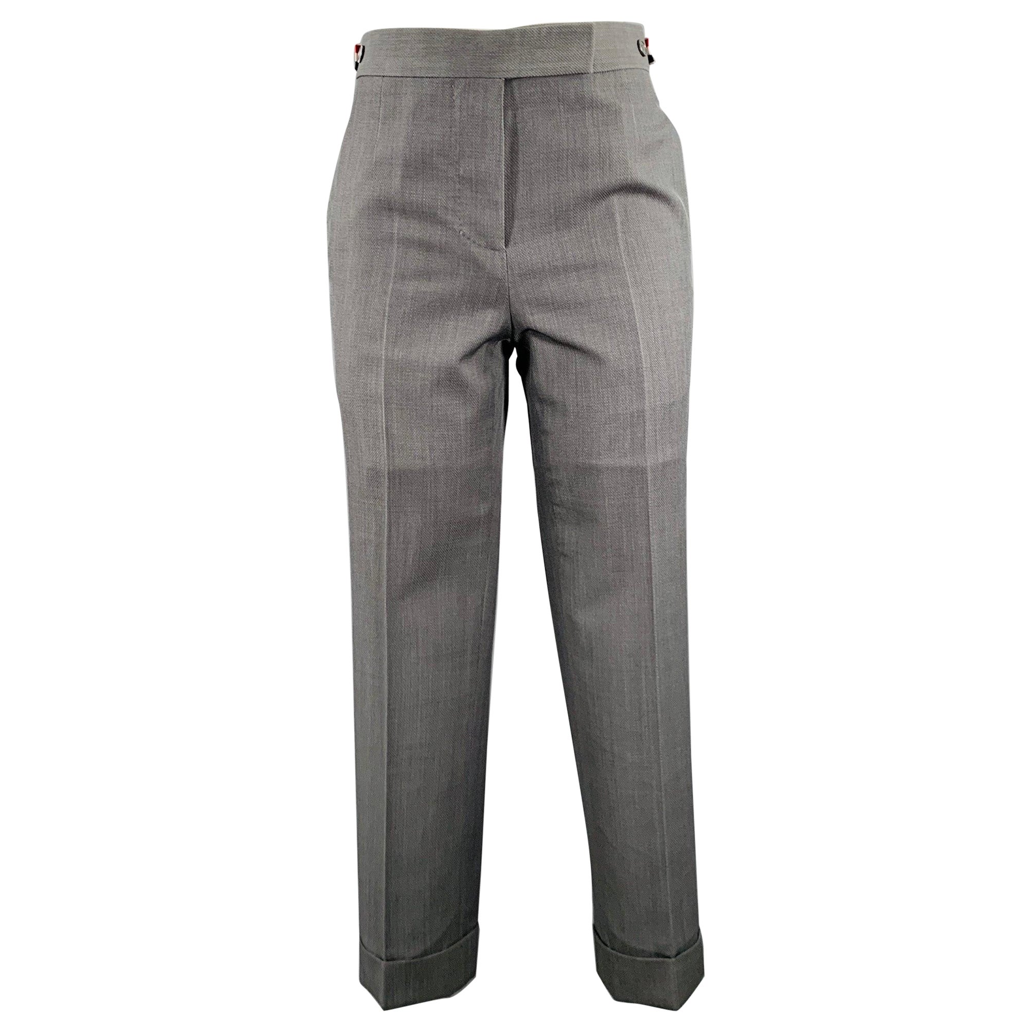 THOM BROWNE Taglia 2 Pantaloni da abito in lana grigia con tessuto piatto sul davanti