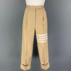 THOM BROWNE Größe 2 Khaki Cremefarbene plissiertes Kleid aus Baumwollstreifen