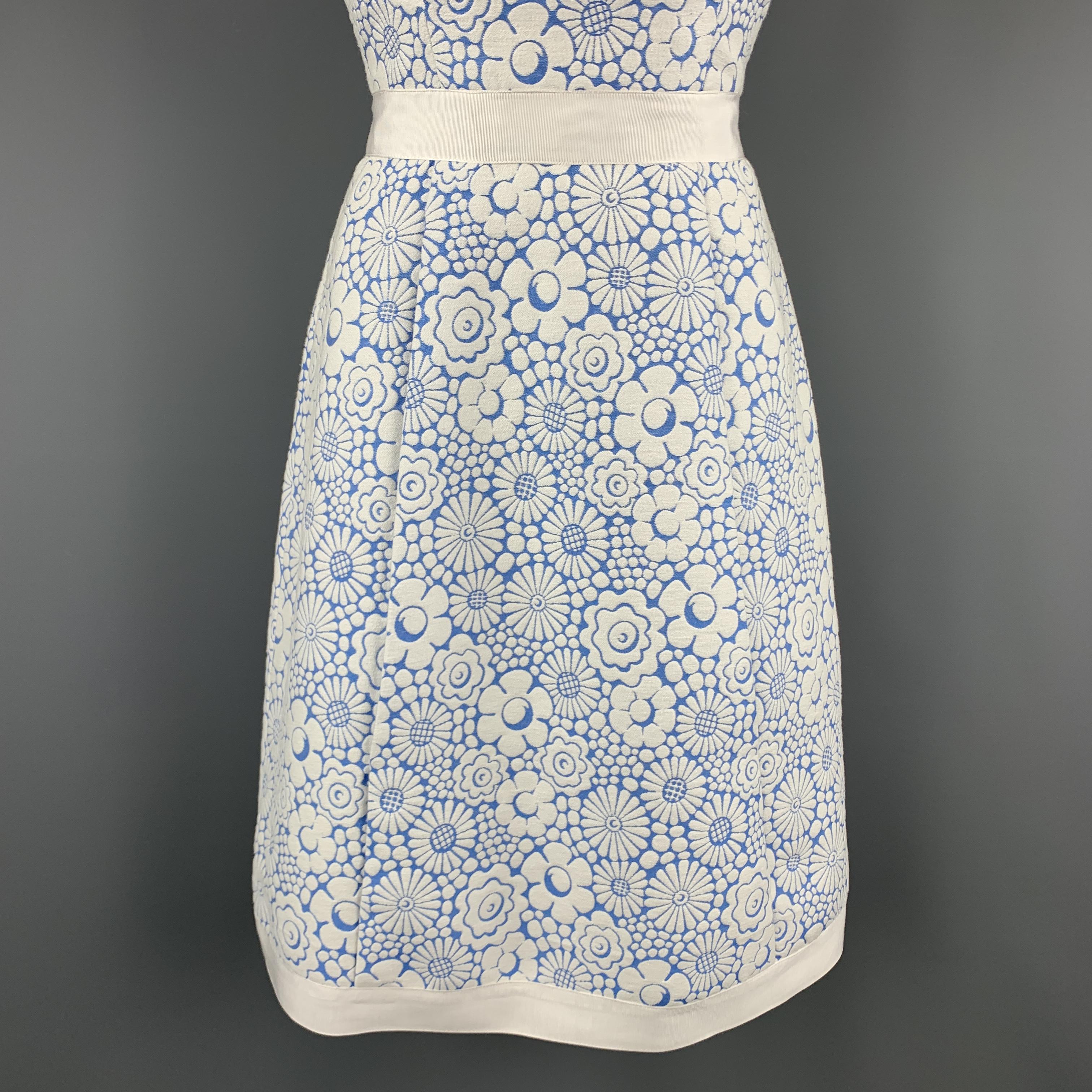 Gray THOM BROWNE Size 2 White Floral Textured Blue Panel Structured Dress Spring 2013