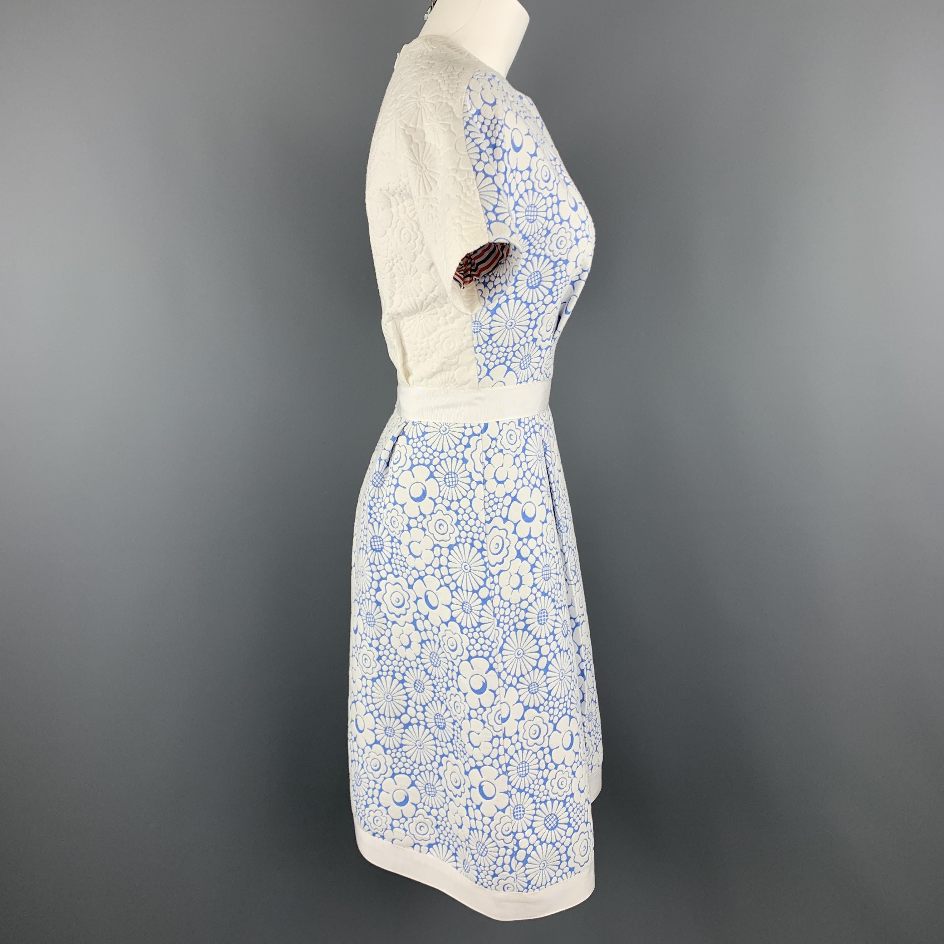 THOM BROWNE Size 2 White Floral Textured Blue Panel Structured Dress Spring 2013 1