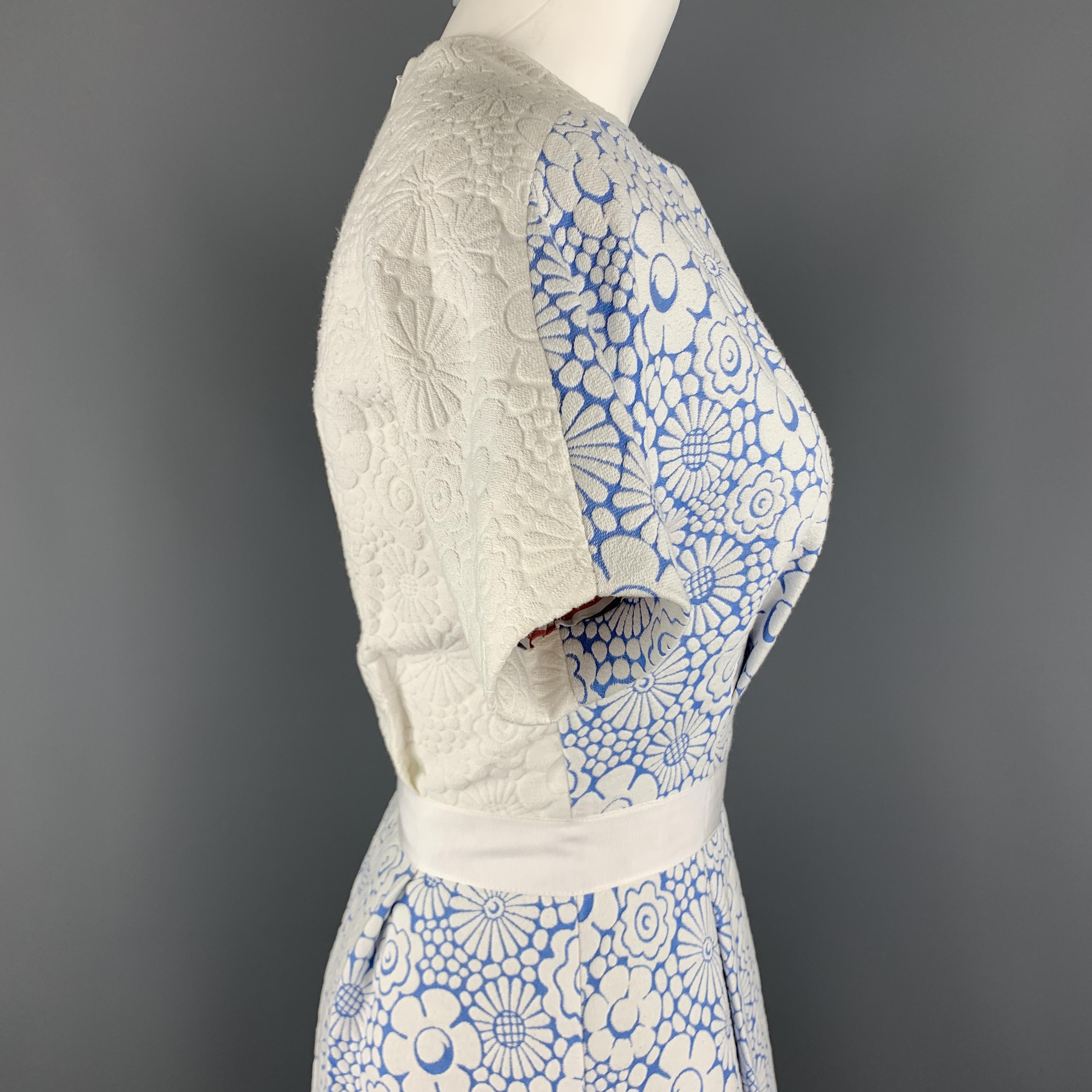 THOM BROWNE Size 2 White Floral Textured Blue Panel Structured Dress Spring 2013 2