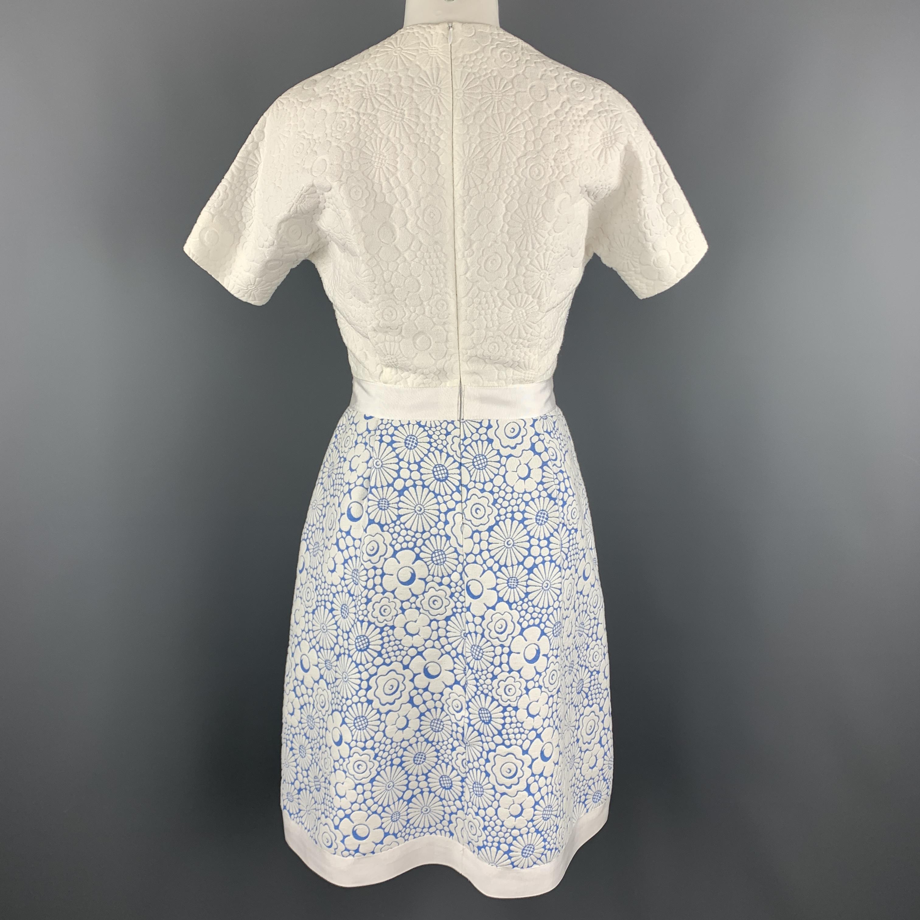 THOM BROWNE Size 2 White Floral Textured Blue Panel Structured Dress Spring 2013 4