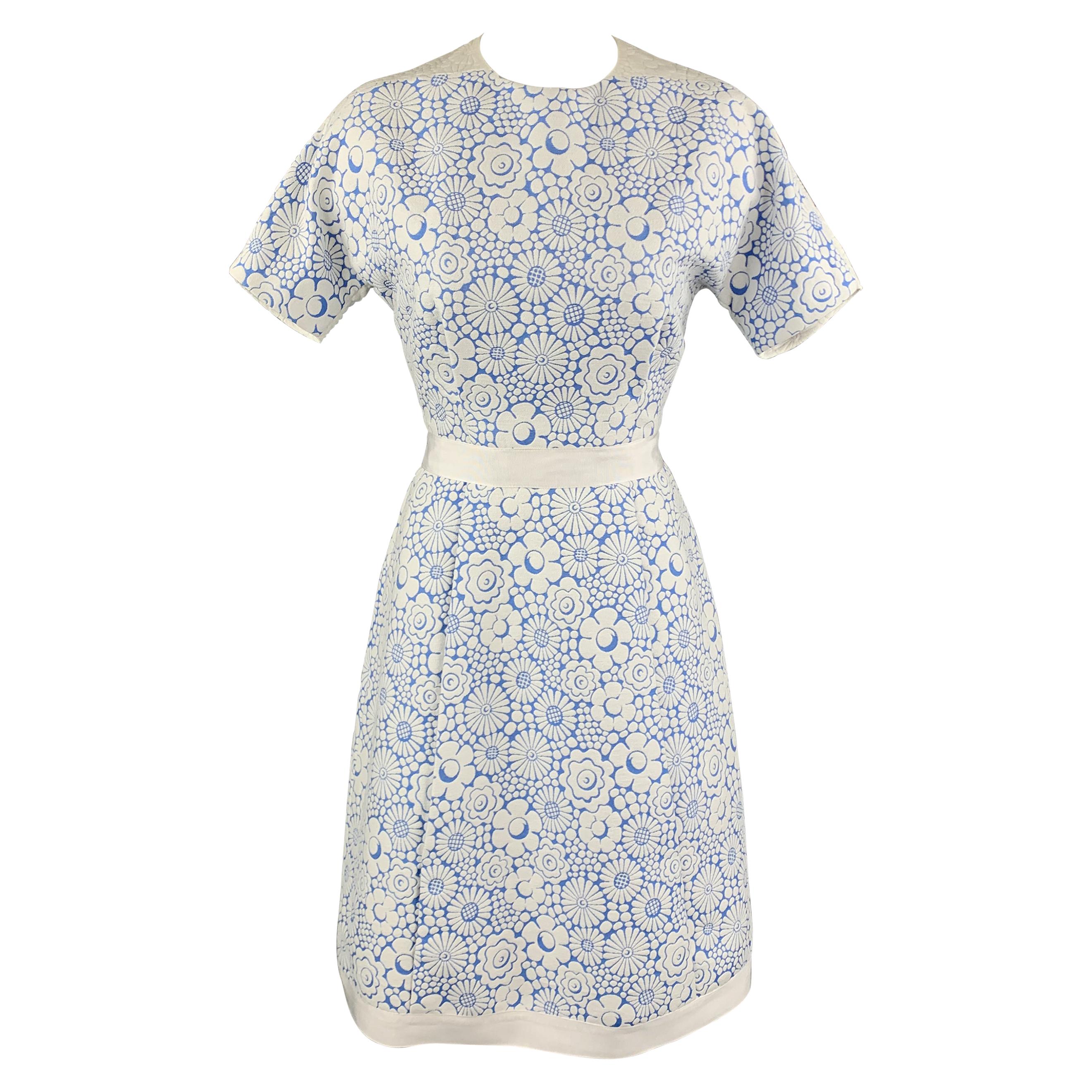 THOM BROWNE Size 2 White Floral Textured Blue Panel Structured Dress Spring 2013