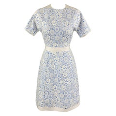 THOM BROWNE Size 2 White Floral Textured Blue Panel Structured Dress Spring 2013