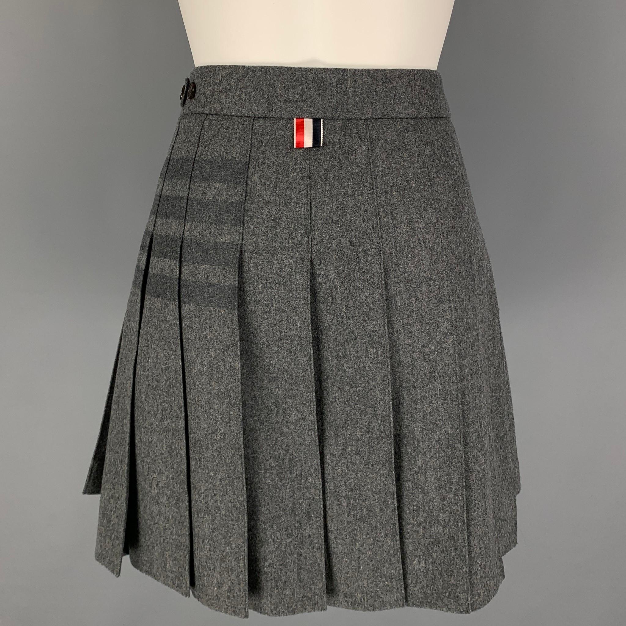 Gray THOM BROWNE Size 4 Grey Wool Cashmere Pleated Tonal Woven 4 Bar Skirt