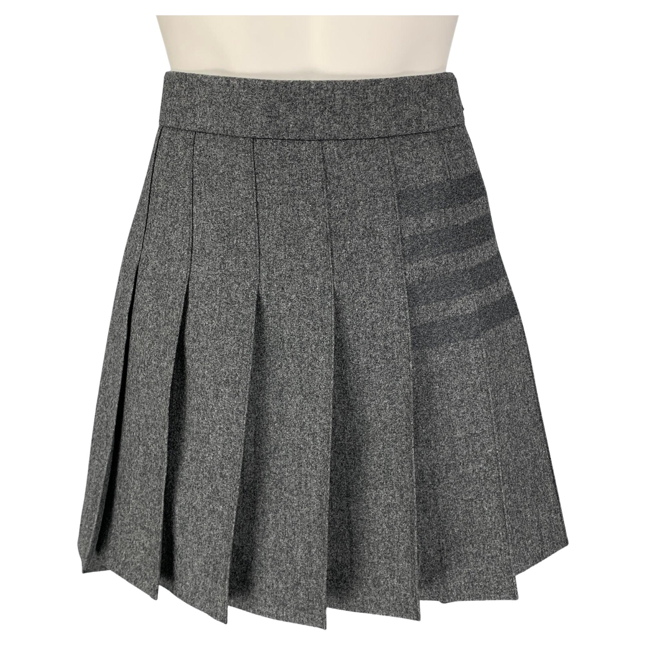 THOM BROWNE Size 4 Grey Wool Cashmere Pleated Tonal Woven 4 Bar Skirt