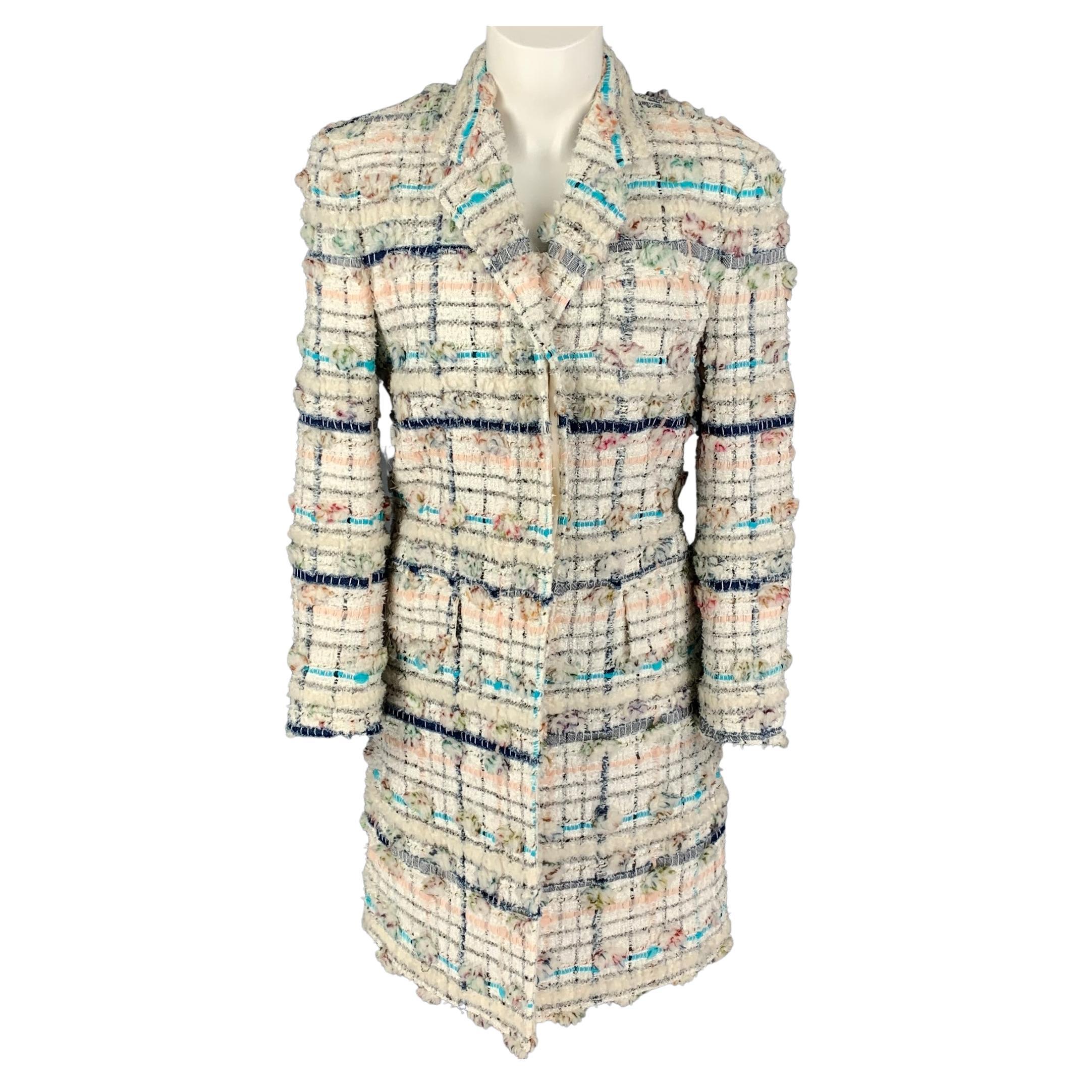 THOM BROWNE Size 4 White Multi-Color Textured Single breasted Coat