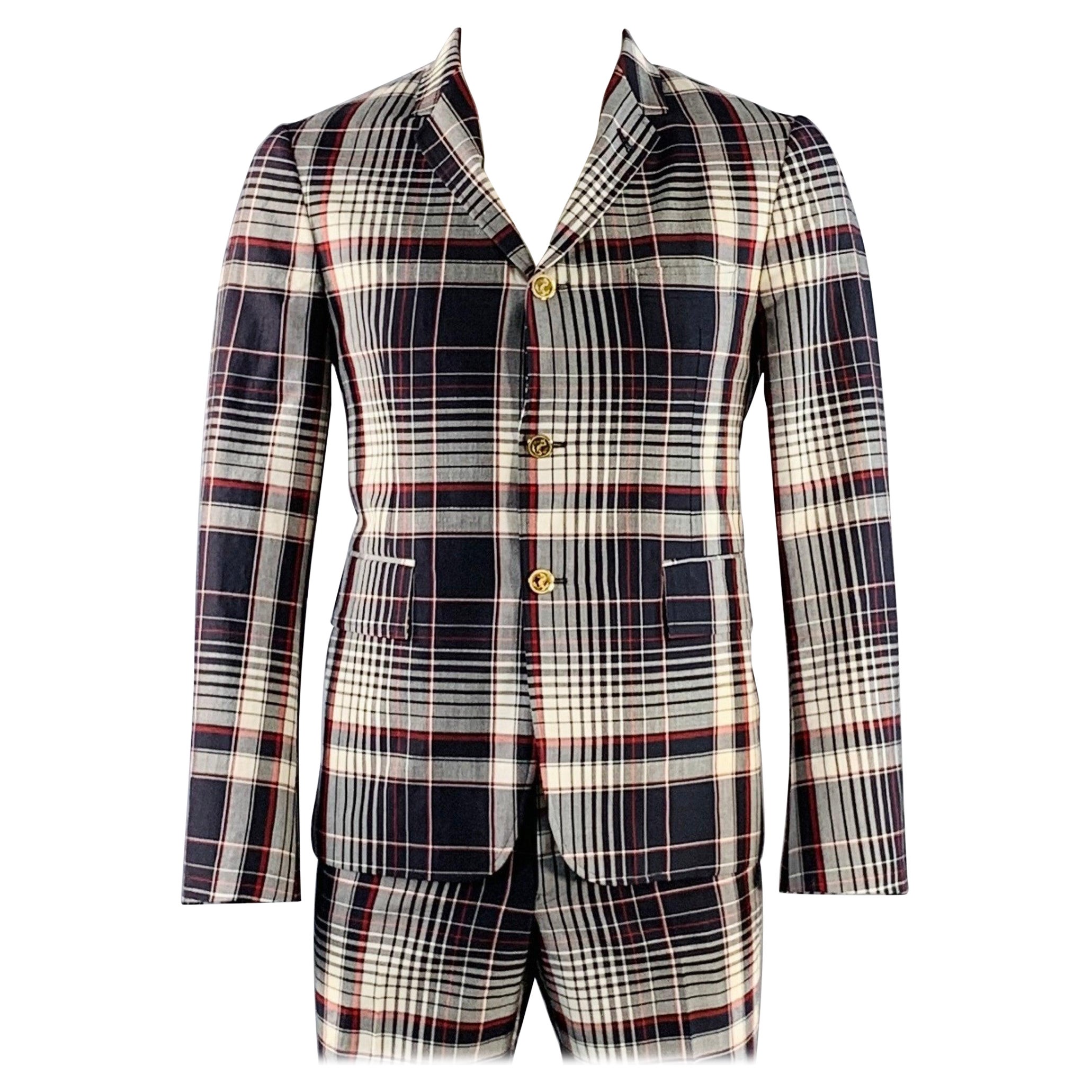 THOM BROWNE Size 42 Navy White Red Plaid Wool Mohair Silk Suit