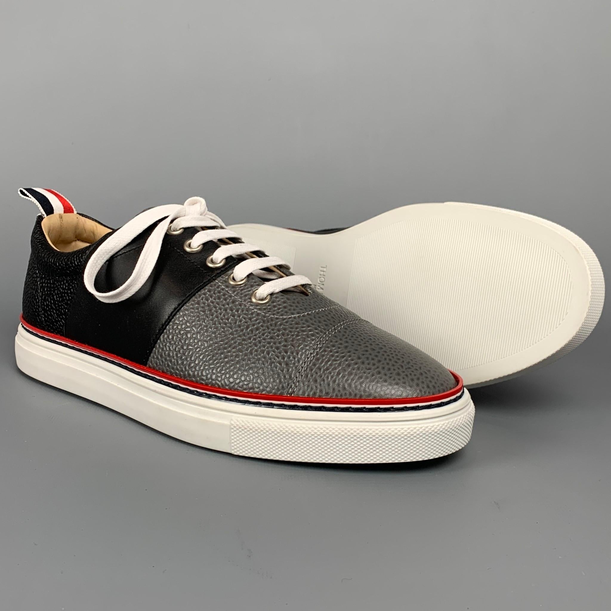 THOM BROWNE Size 6 Grey & Black Color Block Leather Cap Trainer Sneakers In New Condition In San Francisco, CA