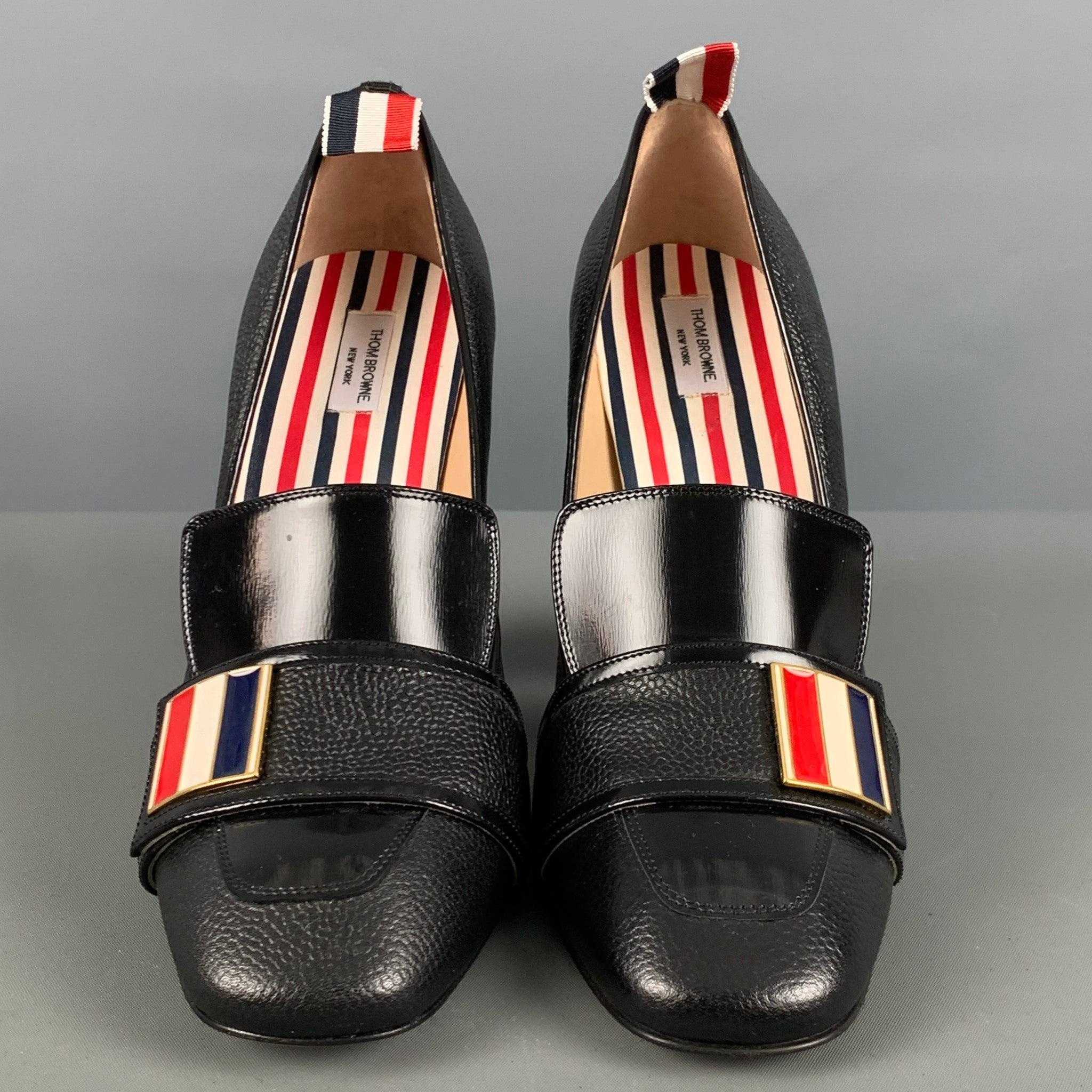 Women's THOM BROWNE Size 8 Black Red & White Leather Mixed Materials Pebble Grain Pumps For Sale