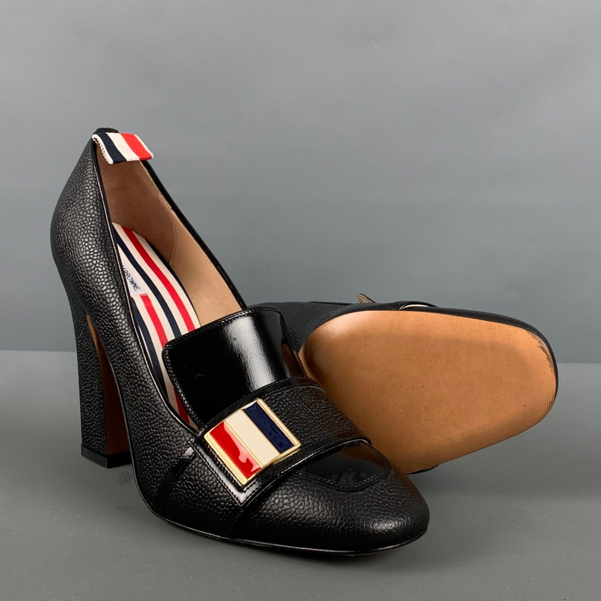 THOM BROWNE Size 8 Black Red & White Leather Mixed Materials Pebble Grain Pumps For Sale 1