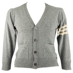 THOM BROWNE Size L Grey Cream Stripe Cashmere Two Pockets Cardigan