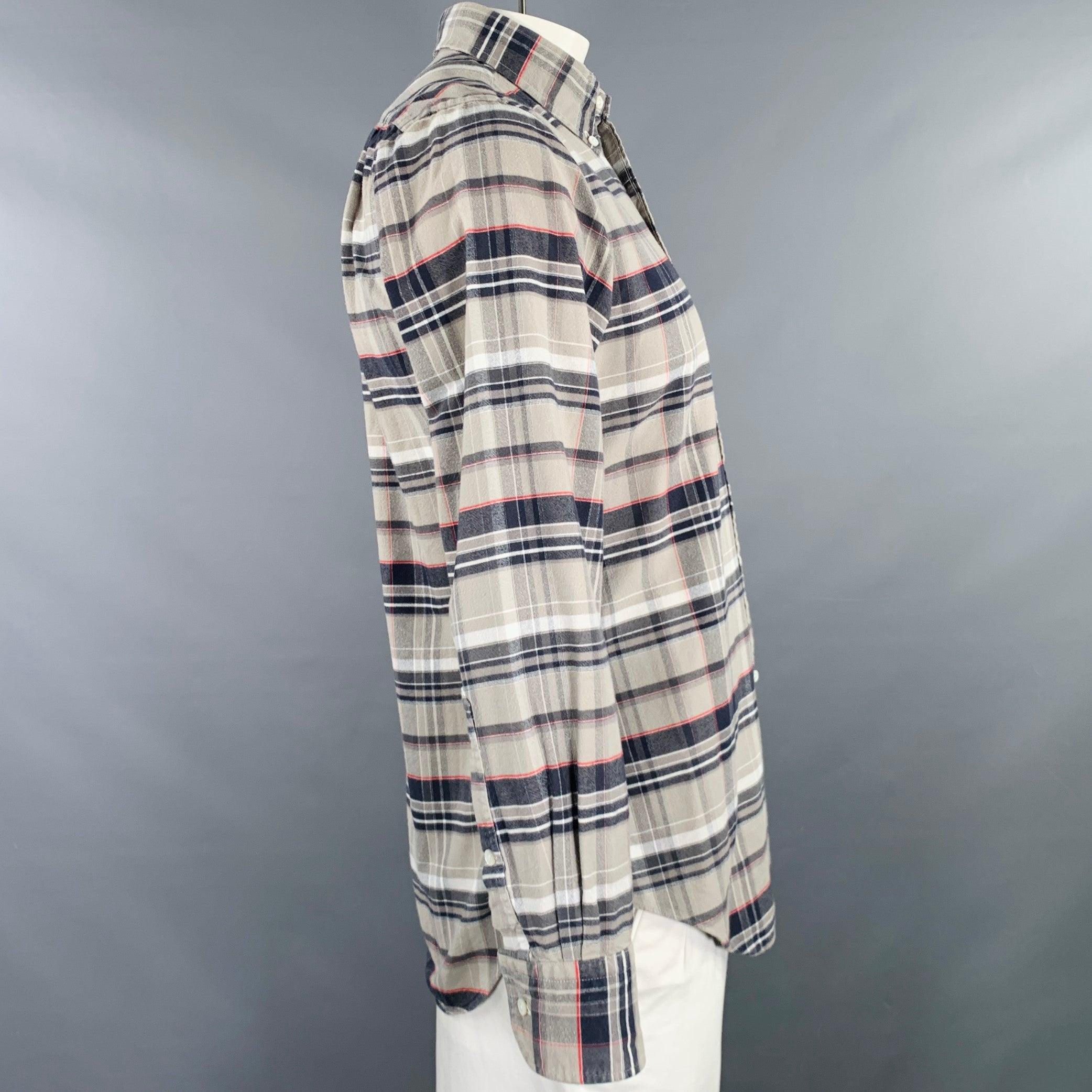 Gray THOM BROWNE Size L Grey Taupe Plaid Cotton One pocket Long Sleeve Shirt For Sale