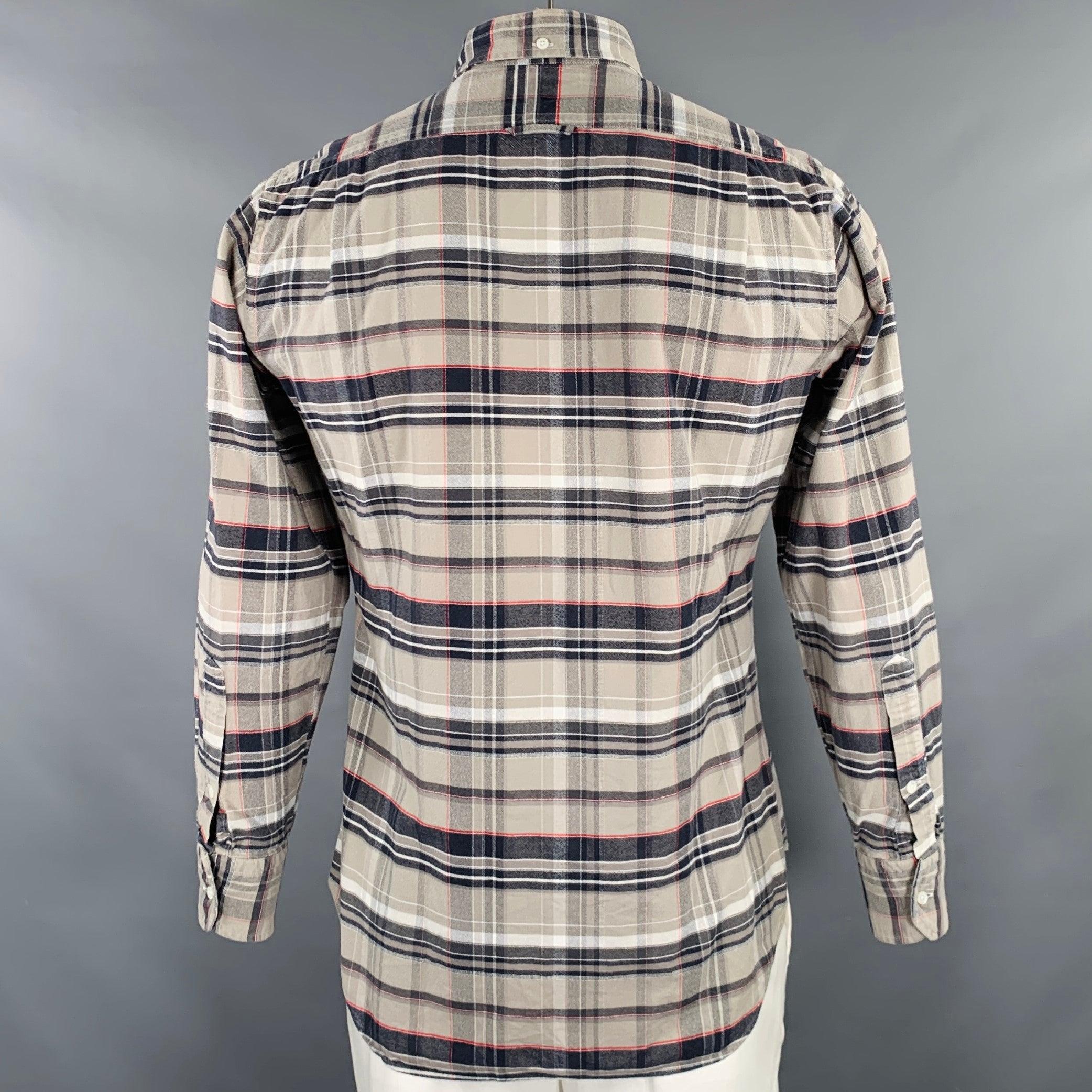 THOM BROWNE Size L Grey Taupe Plaid Cotton One pocket Long Sleeve Shirt In Good Condition For Sale In San Francisco, CA