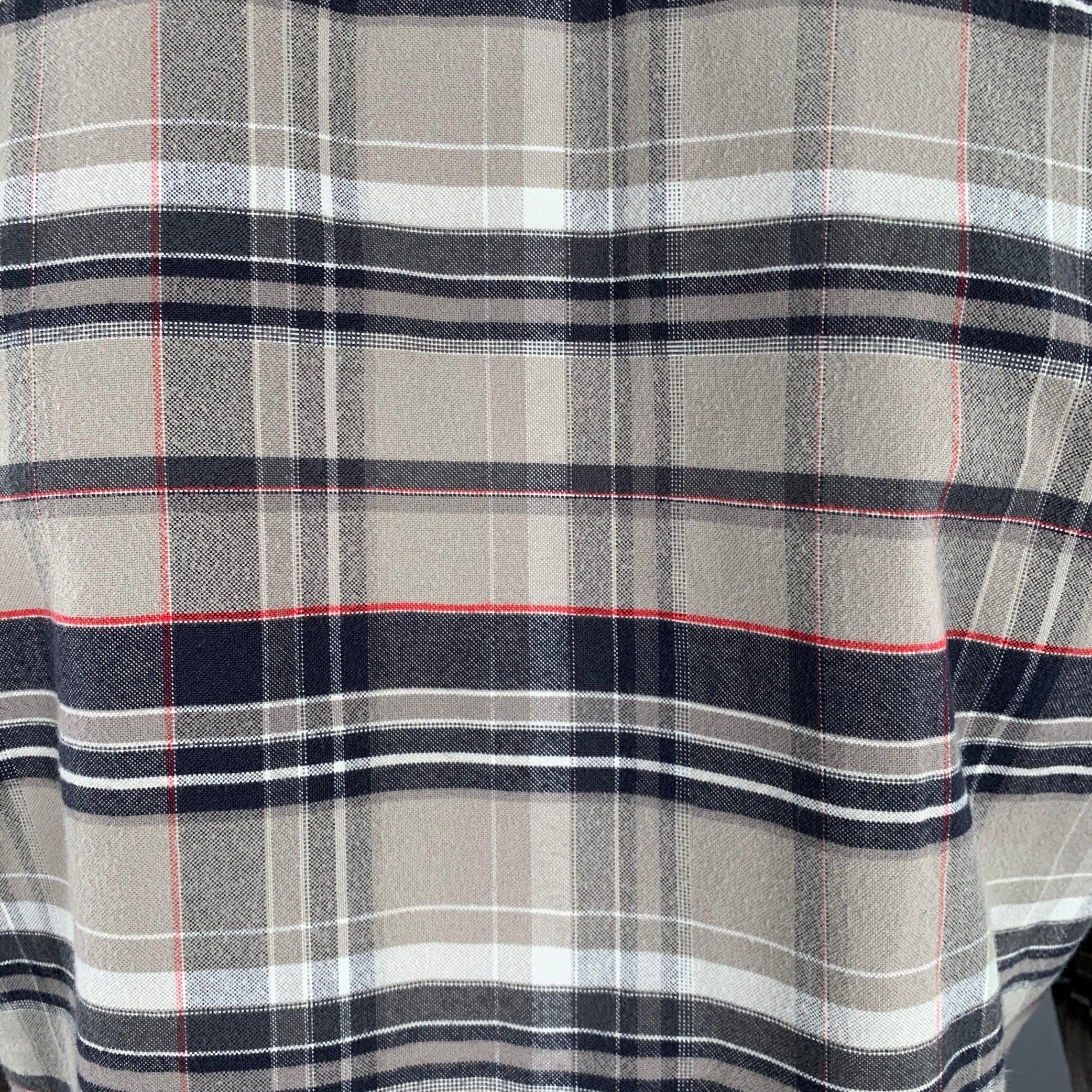 Men's THOM BROWNE Size L Grey Taupe Plaid Cotton One pocket Long Sleeve Shirt For Sale