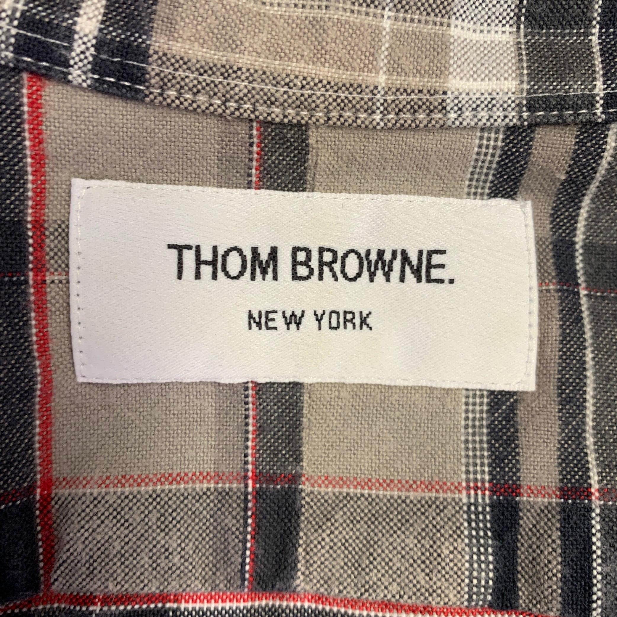 THOM BROWNE Size L Grey Taupe Plaid Cotton One pocket Long Sleeve Shirt For Sale 1