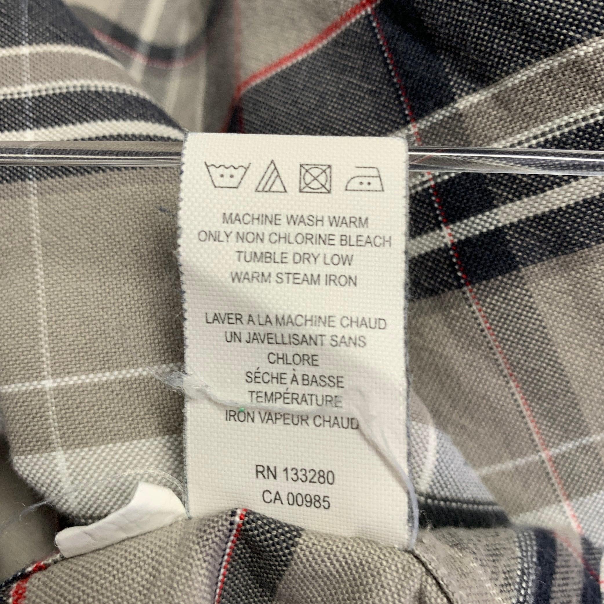 THOM BROWNE Size L Grey Taupe Plaid Cotton One pocket Long Sleeve Shirt For Sale 3