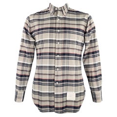 THOM BROWNE Talla L Camisa de manga larga de algodón de un bolsillo gris topo a cuadros