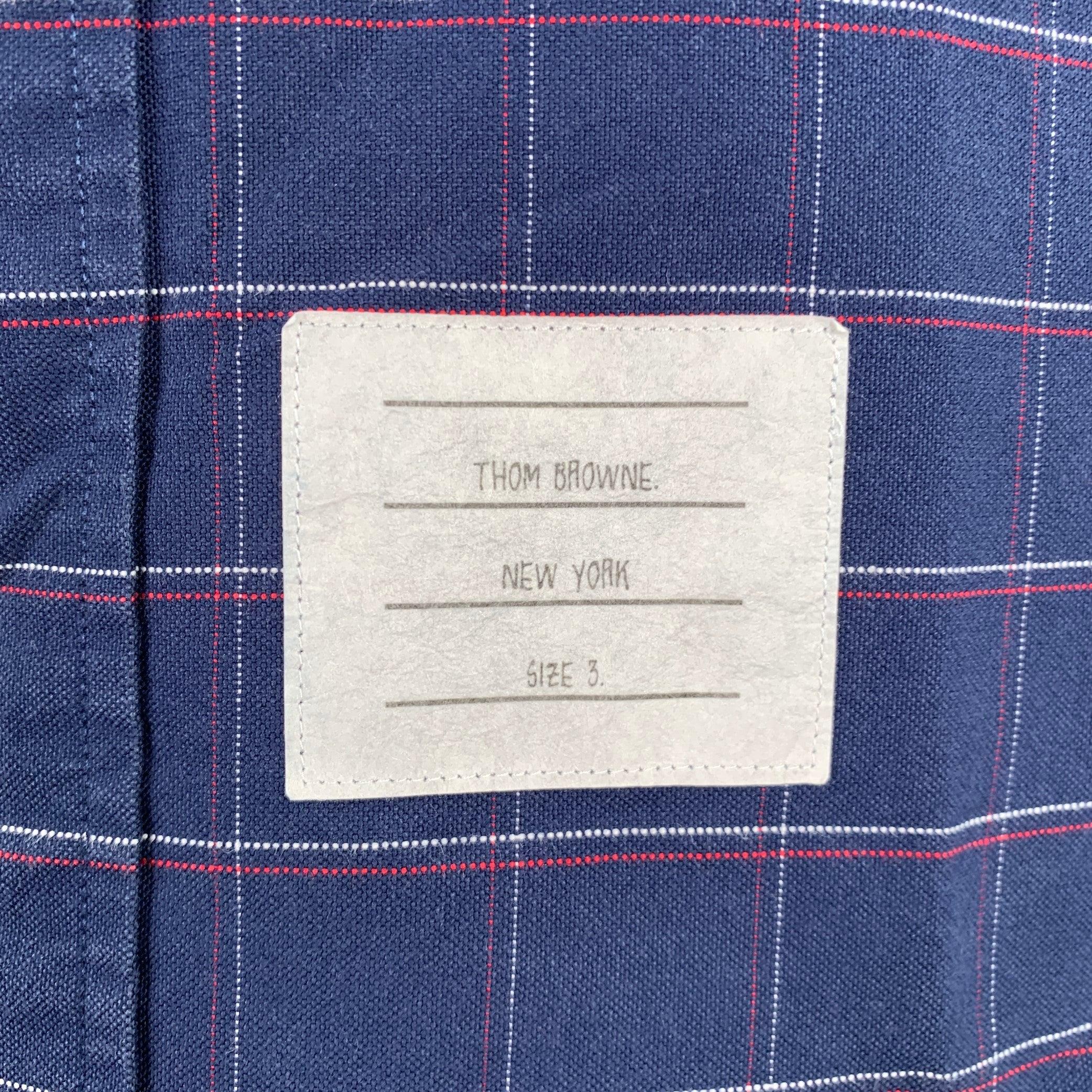 THOM BROWNE long sleeve shirt in a navy, red, and white cotton woven fabric featuring a windowpane pattern, button-down collar, one pocket, and button closure. Made in USA.Excellent Pre-Owned Condition. 

Marked:   3 

Measurements: 
 
Shoulder: